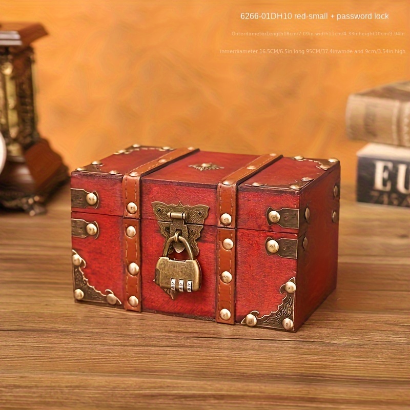 1pc Wooden Storage Box, Vintage Jewelry Box, Large Capacity Storage Box,  Antique Lock Treasure Chest
