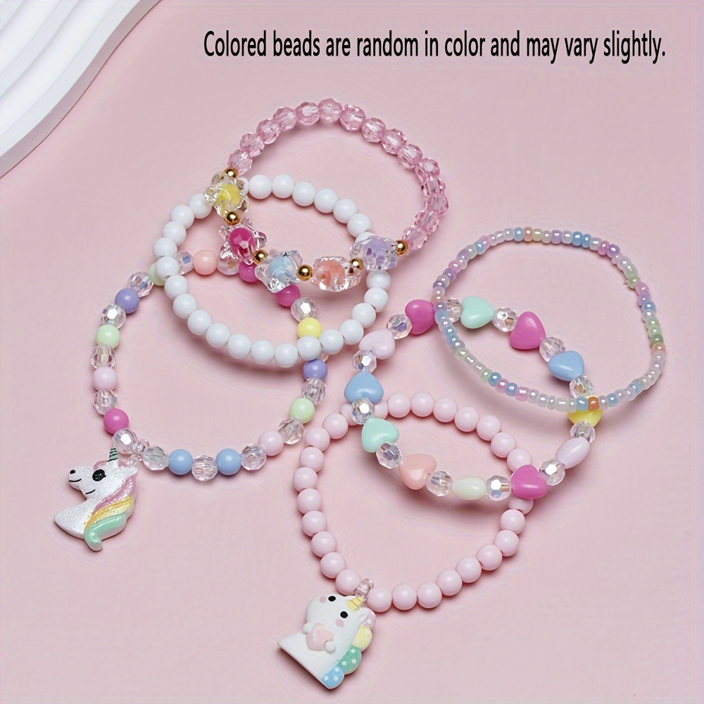 6pcs Girl's Cute Unicorn Flower Heart Pendant Multicolor Beaded Bangle Bracelet Set, Color Random,Temu