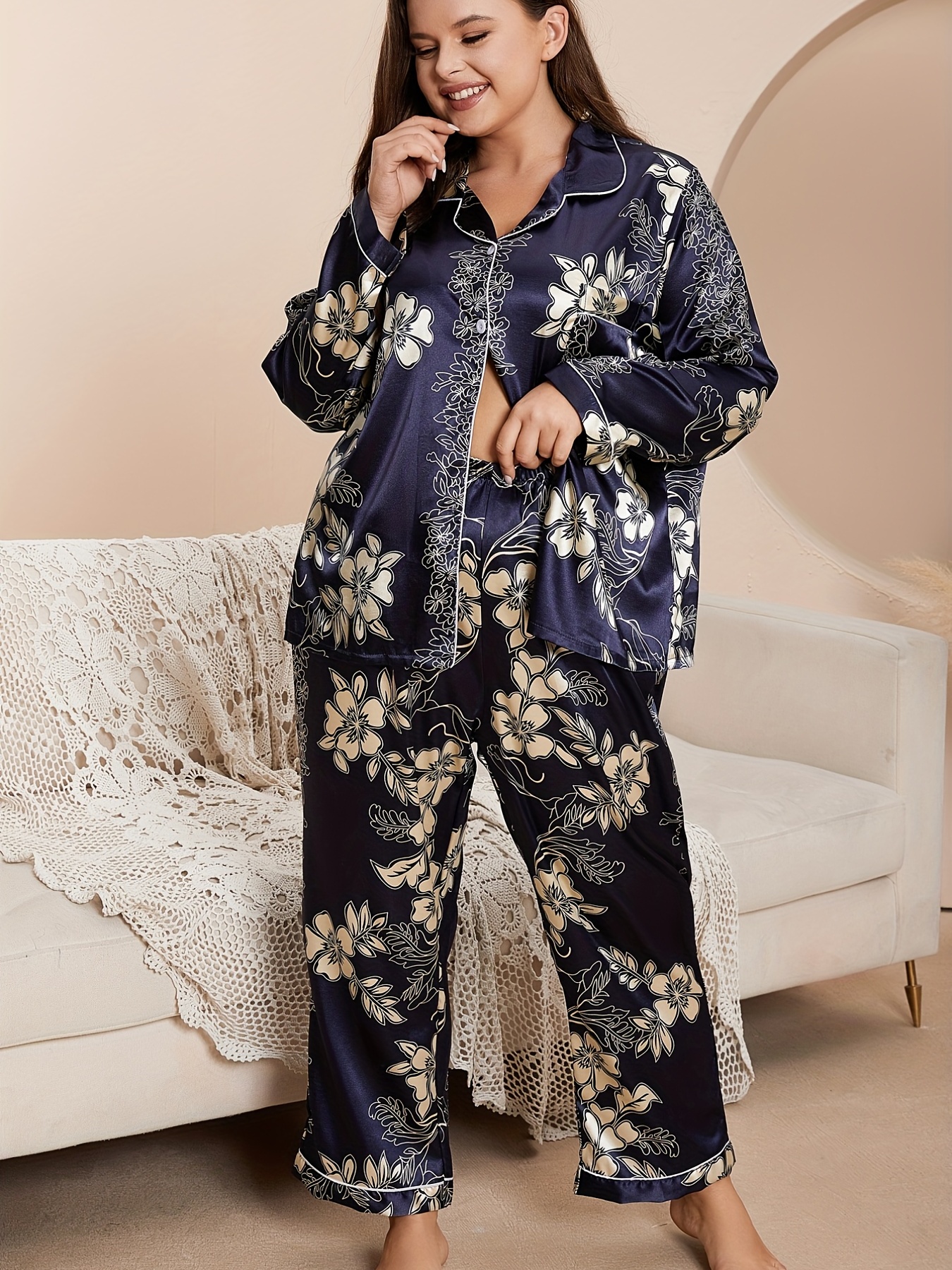 Conjunto De Pijama Elegante De Talla Grande Conjunto De Dos Piezas De Pijama De Sat n Con Estampado Floral De Manga Larga Y Pantalones Para Mujer De