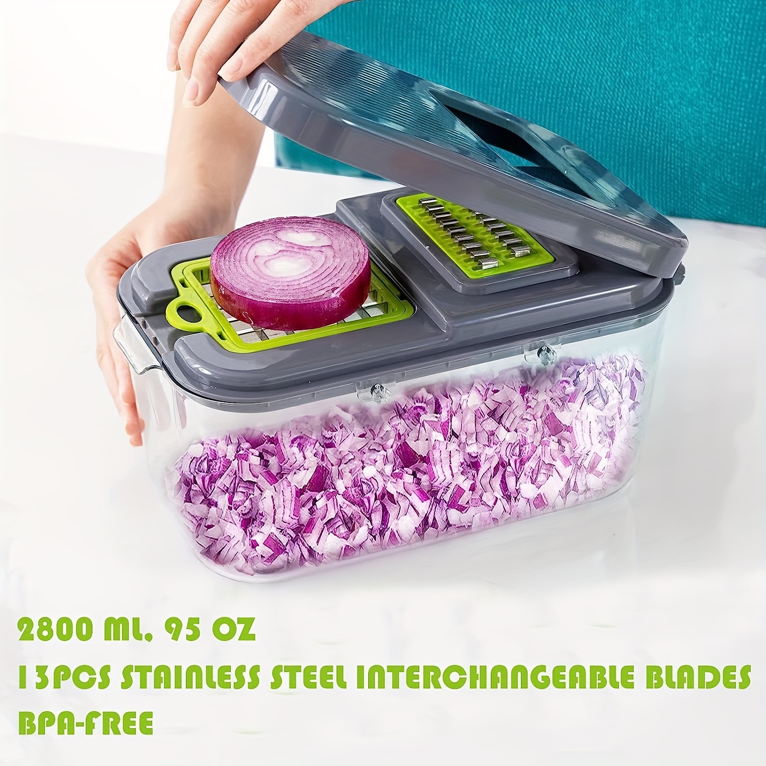 13 In 1 Multifunctional Food Dicer Onion Cutter, Slicer with Container, 10  Interchangeable Stainless Steel Blades 