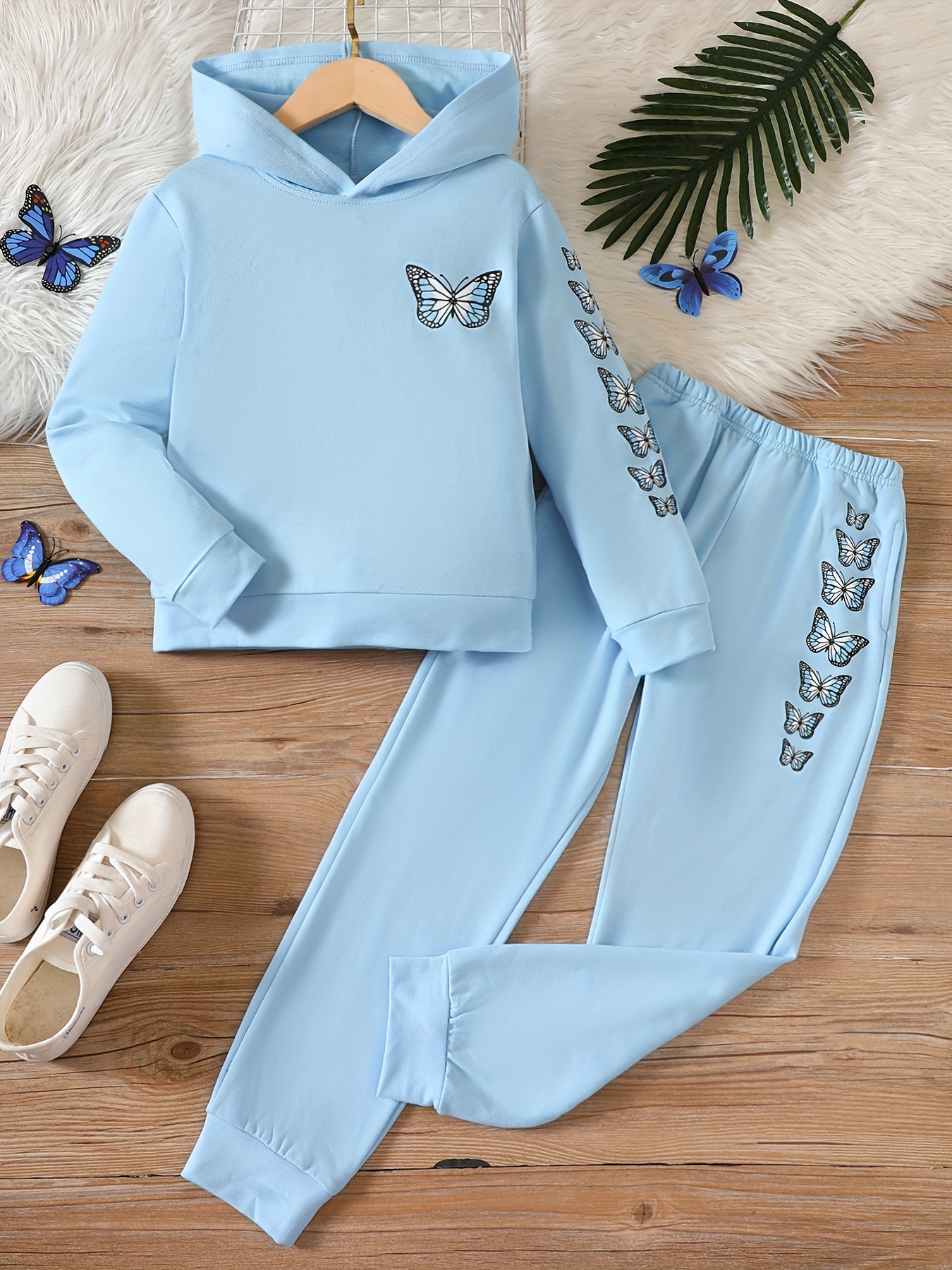 Girl's Cartoon Butterfly Pattern 2pcs, Hoodie & Sweatpants Set, Solid Color  Casual Outfits, Kids Clothes For Spring Fall