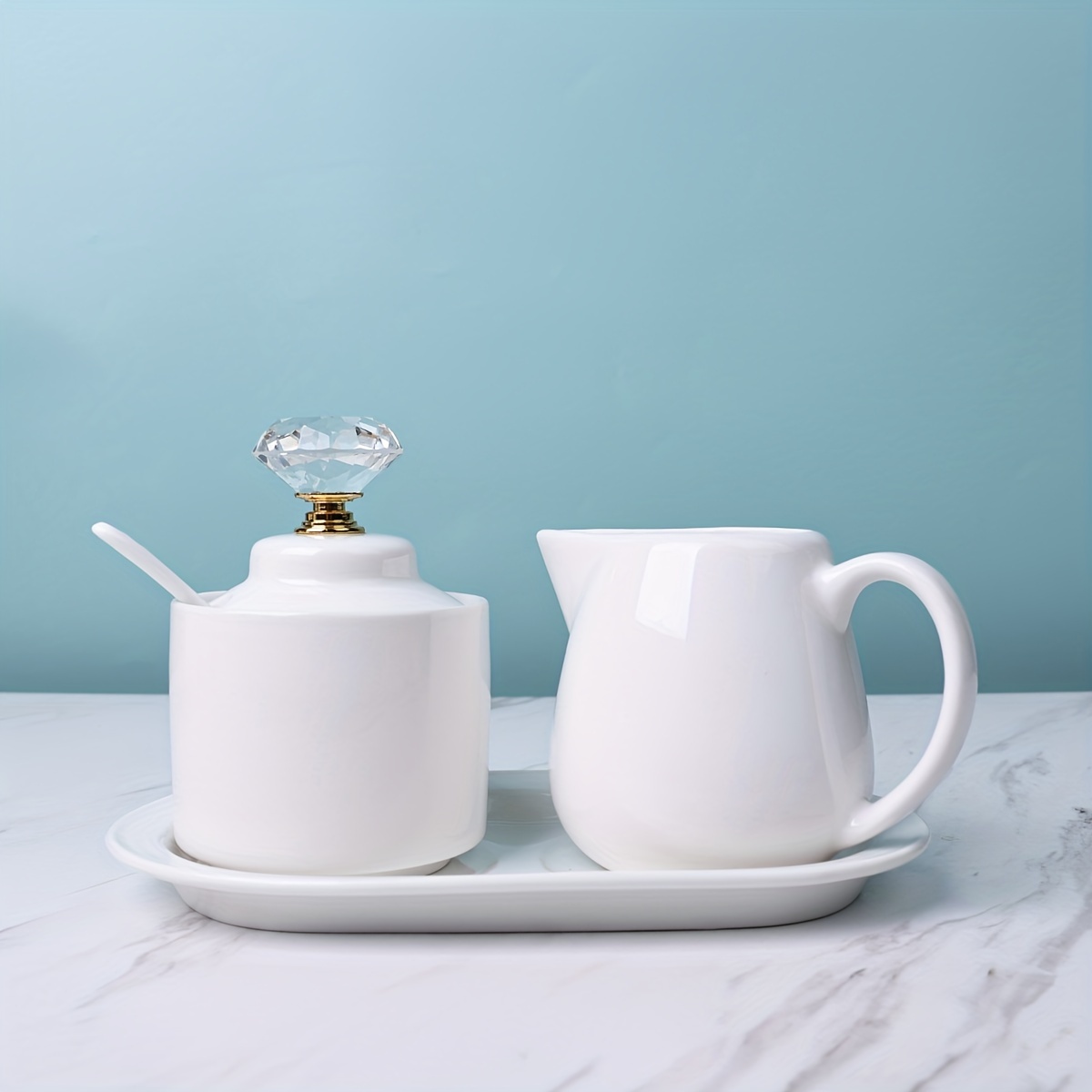 Porcelain Sugar And Creamer Jar With Tray And Lid Set Cream - Temu