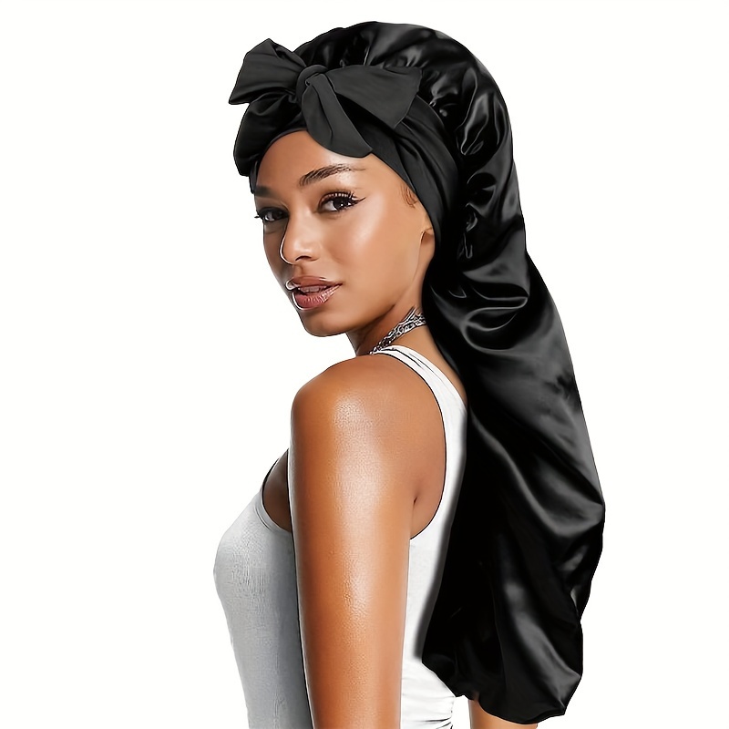 

Solid Color Bowknot Braid Bonnet Classic Long Satin Bonnets Soft Sleeping Bonnets For Women Daily Use