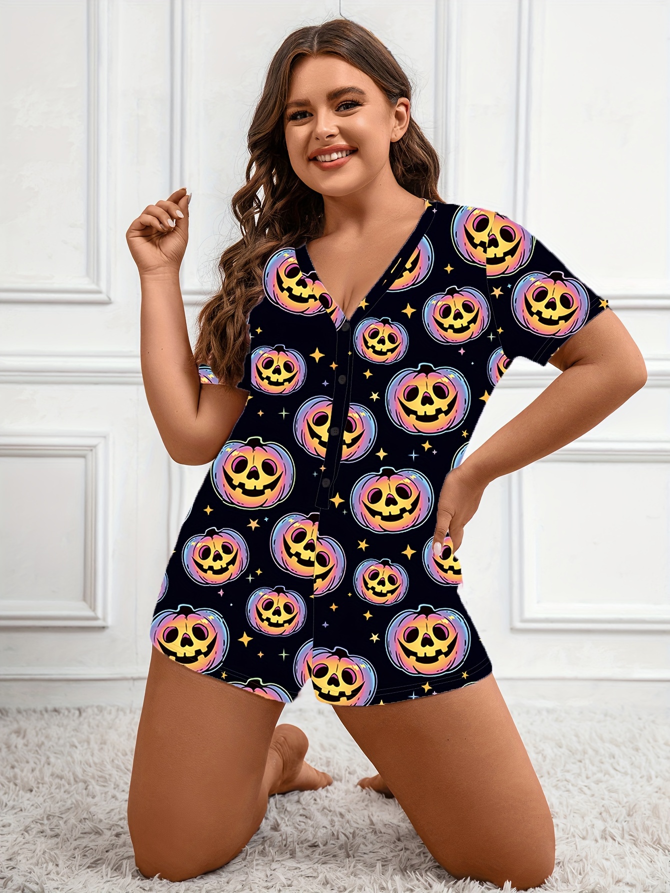 Plus Size Halloween Casual Sleepwear Jumpsuit, Women's Plus Allover Pumpkin  & Star Print Short Sleeve Half Button V Neck Lounge Romper