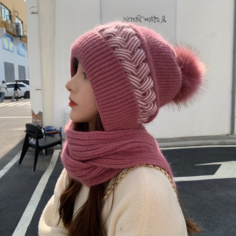 

Coldproof Warm Beanie With Pom Classic Hooded Scarf Elastic Knit Hats Warm Beanies For Women Female Autumn & Winter