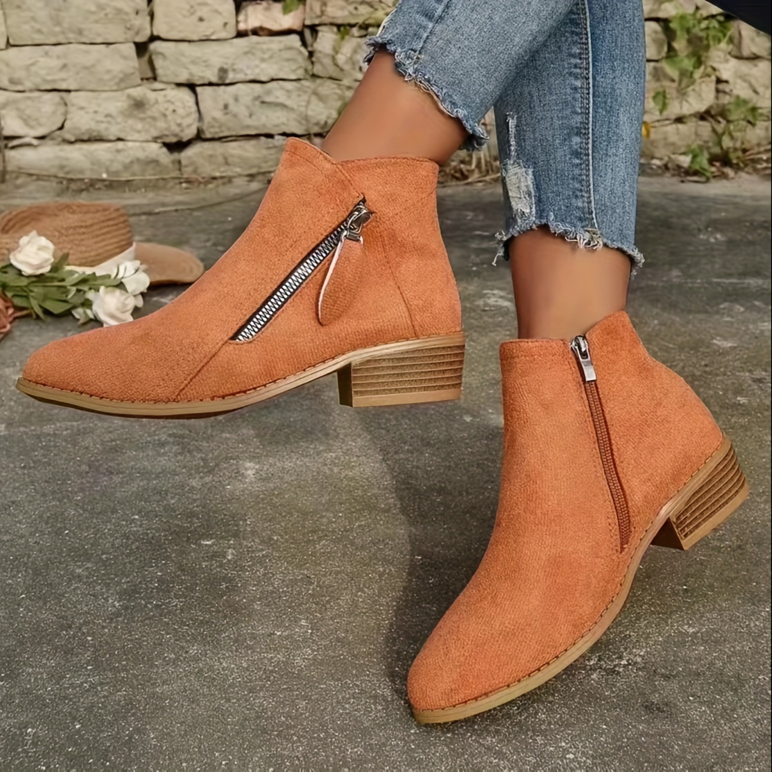 women s chunky low heeled ankle boots solid color side