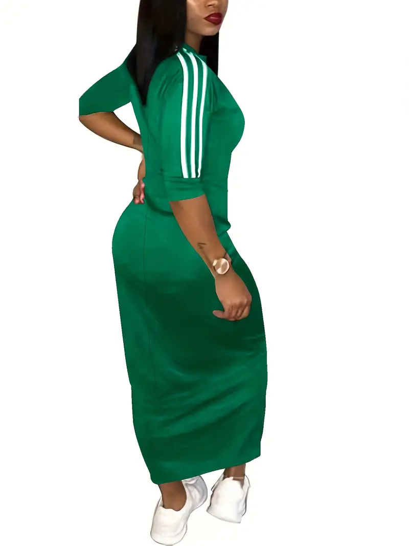 plus size casual dress womens plus stripe print half sleeve round neck high stretch slim fit maxi dress details 2
