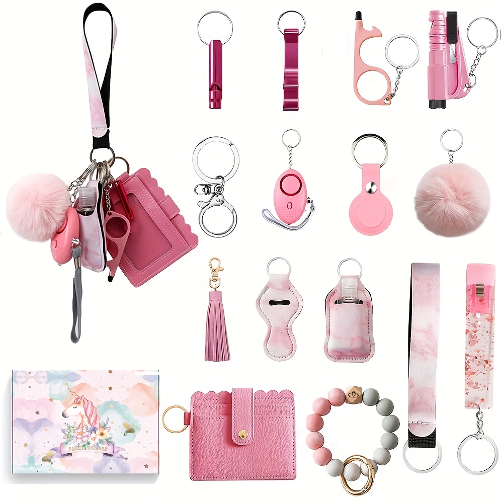 17pcs stylish safety keychain full set for women personal alarm key chain pu leather card bag keychain accessories holiday gift for women details 1