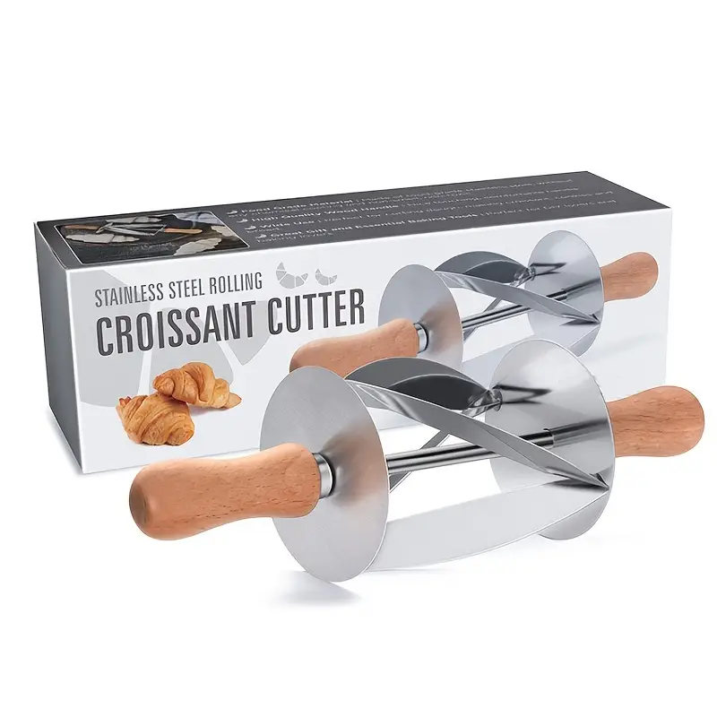 1pc croissant cutter roller croissant maker stainless steel roller slices long wooden handle perfect shaped pastry dough multi function rolling knife cuts triangles roller cake bread rolling dough cutter details 1