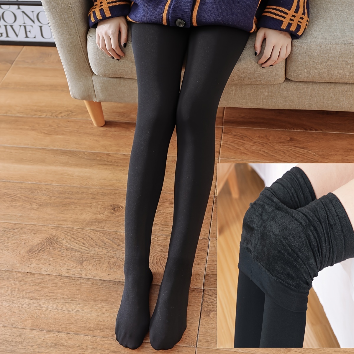 Plush Lined Tights Opaque High Waist Thermal Elastic - Temu