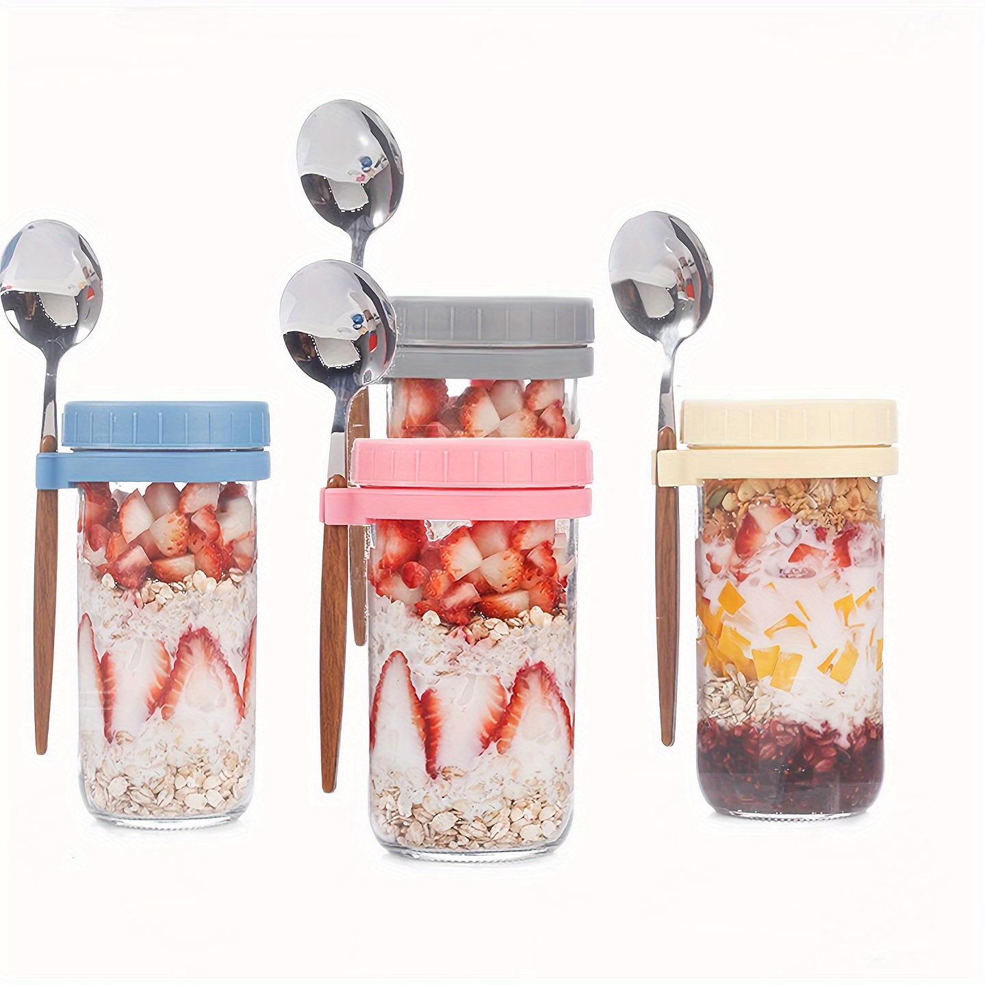 4PCS Overnight Oats Containers With Lids And Spoons 16 Oz Glass+