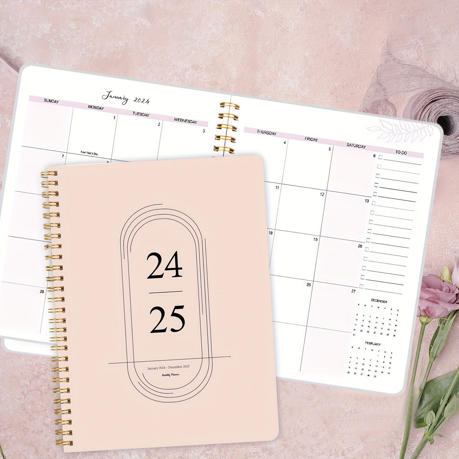 Burde Planner 2024 | Life Organizer Pink 2024 | January 1, 2024 to January  5, 2025 | Golden spiral binding | Daily & Weekly Planner | Scheduler 