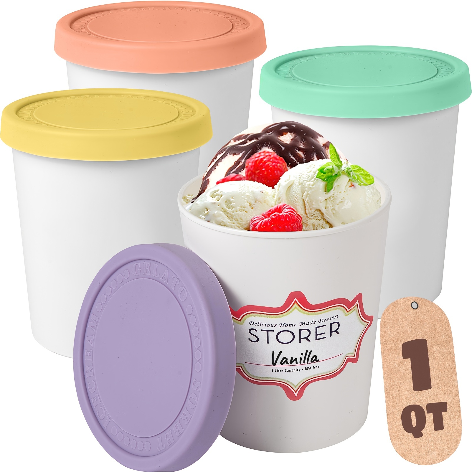 Premium Ice Cream Containers (1qt ), Reusable Freezer Storage Pints With  Lids For Ice Cream, Sorbet And Gelato! 4 Colors - Temu