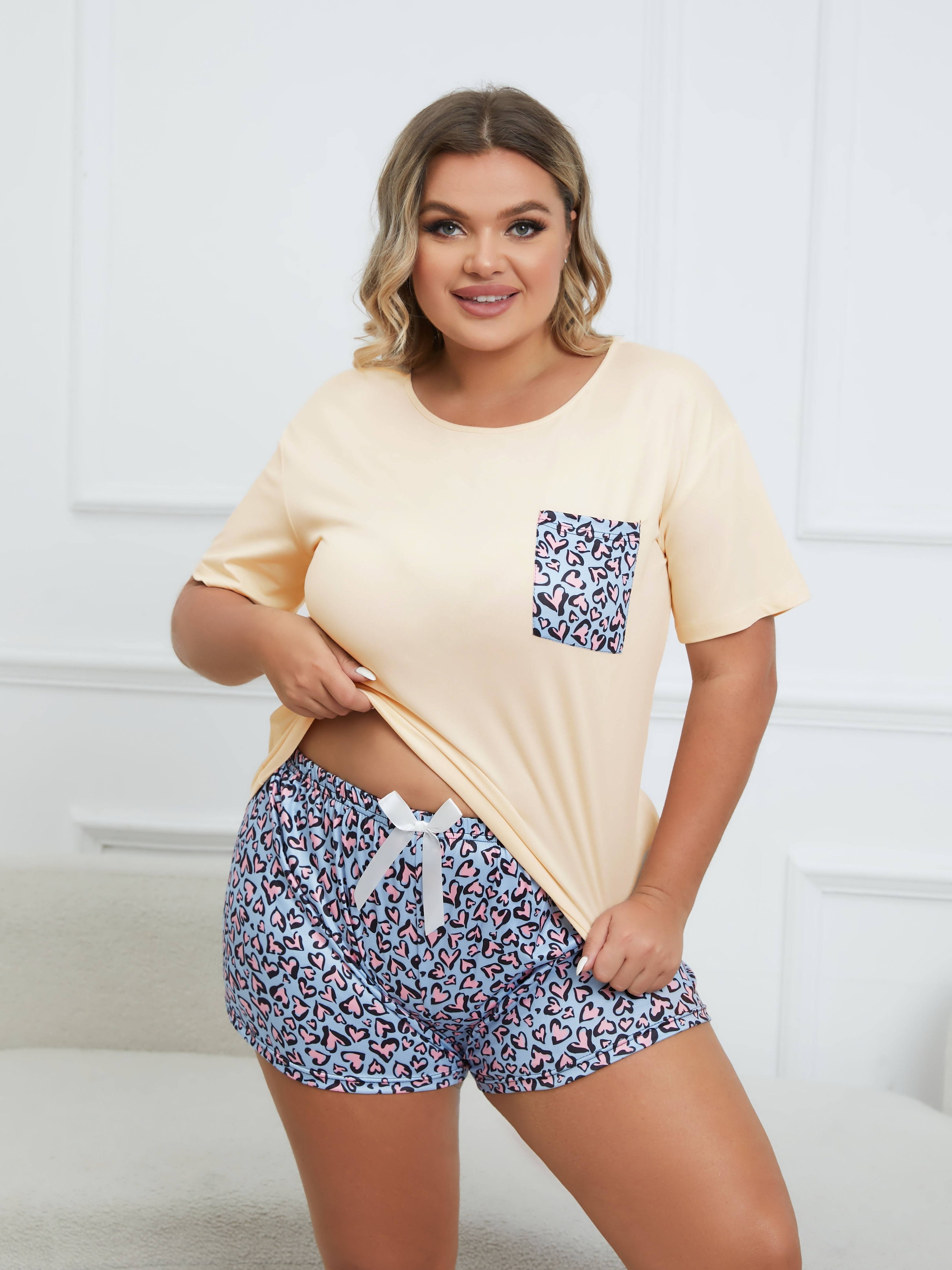 Plus Size Casual Loungewear Two Piece Set Women s Plus Leopard Print Short Sleeve Pocketed Tee Bow Knot Shorts Pajama 2 Piece Set