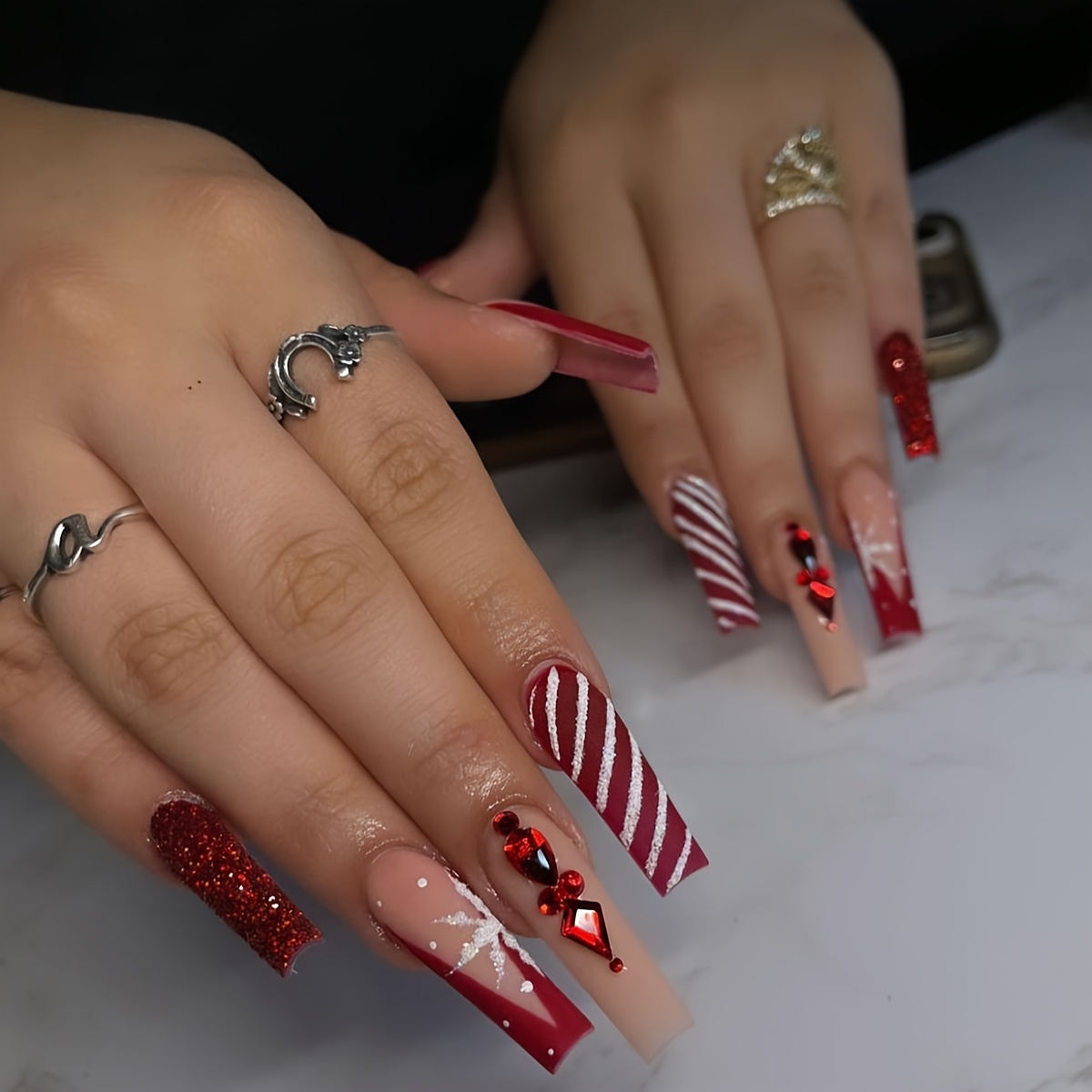 24Pcs Designs Rhinestone Nails Red Coffin Nails with