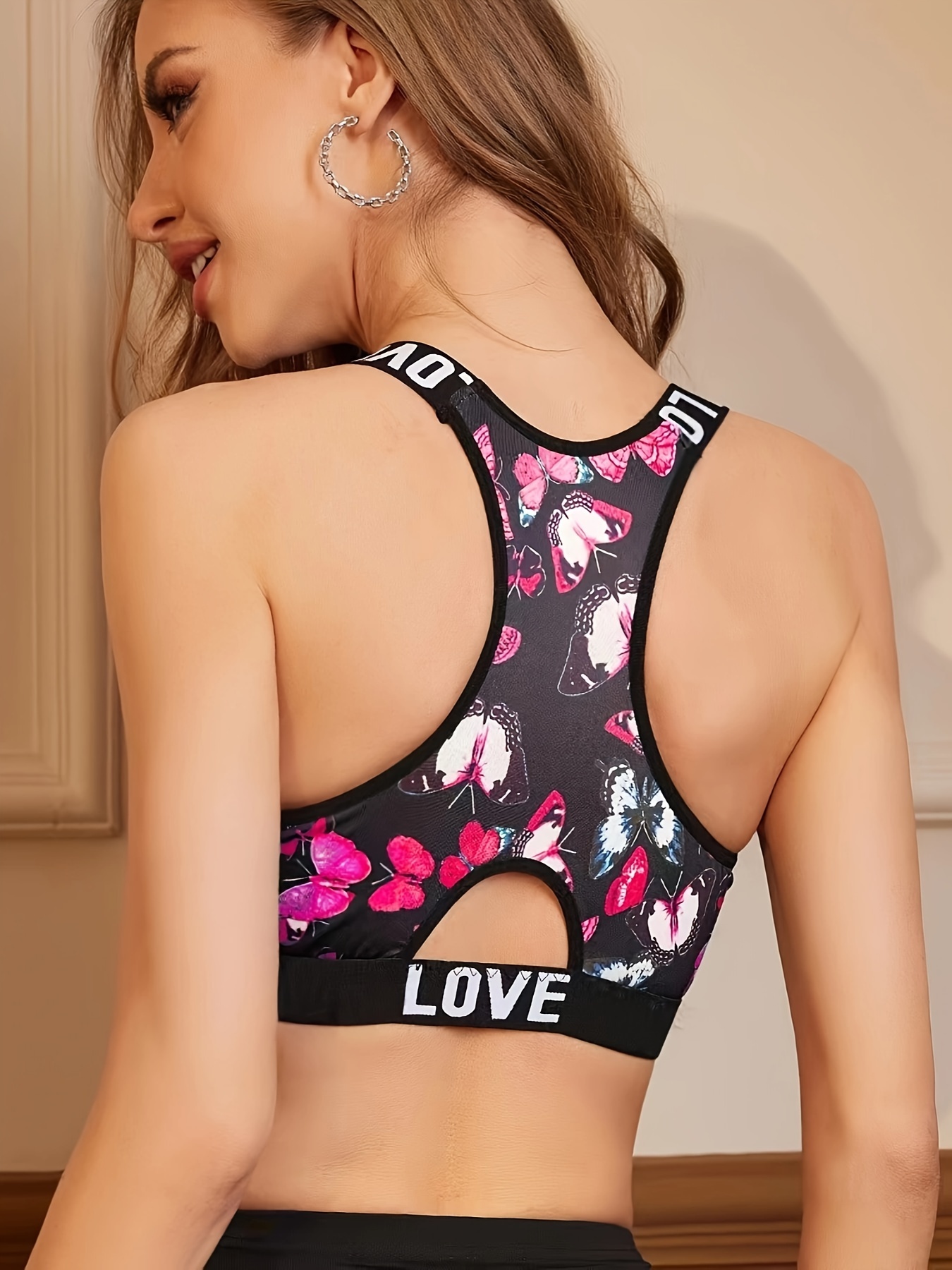 Butterfly Print Cut Sports Bra Comfy Breathable Letter Tape - Temu