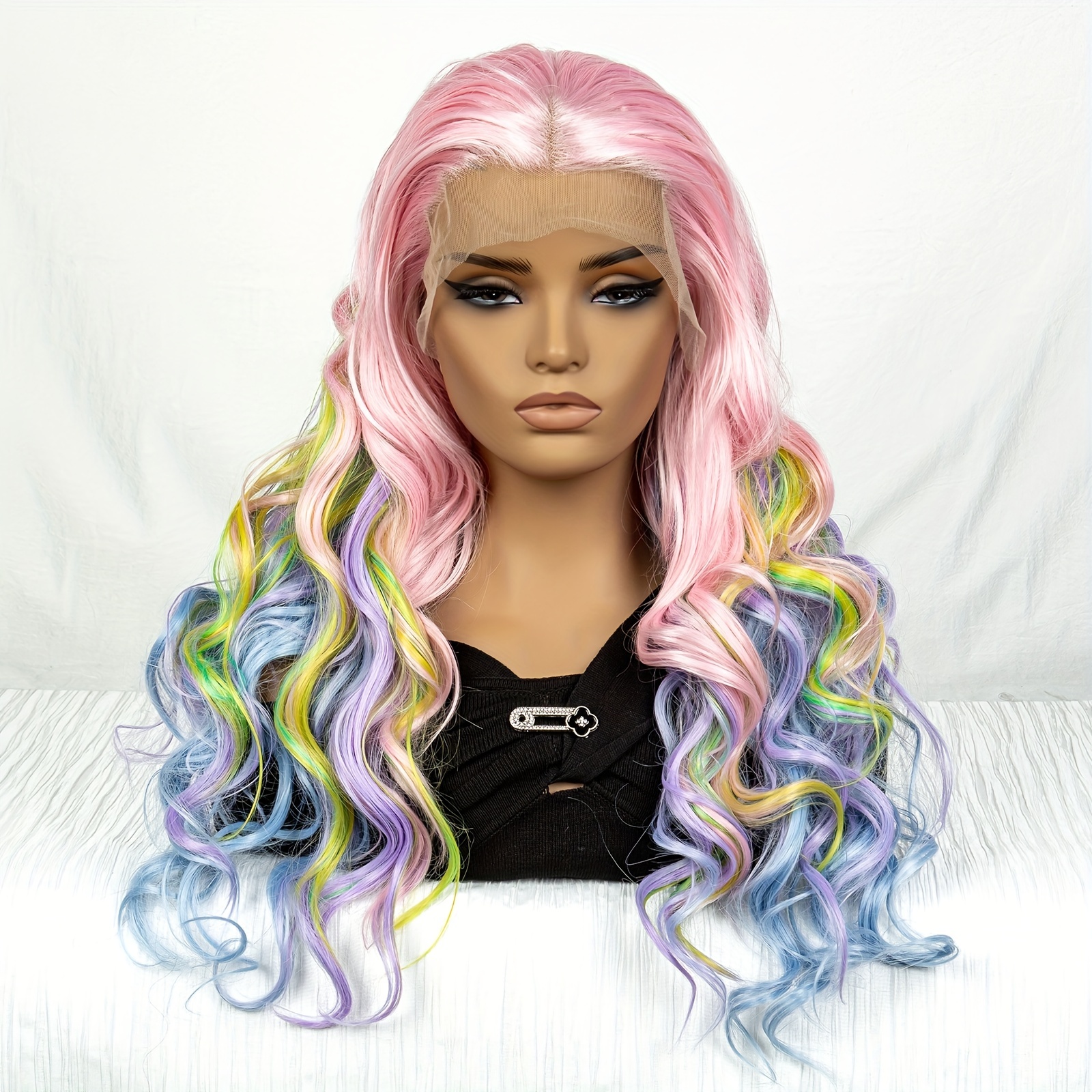 Multicolor Lace Front Wigs Rainbow Colorful Wigs Loose Synthetic Hair Wig Heat Resistant With Hairline 28 Inch