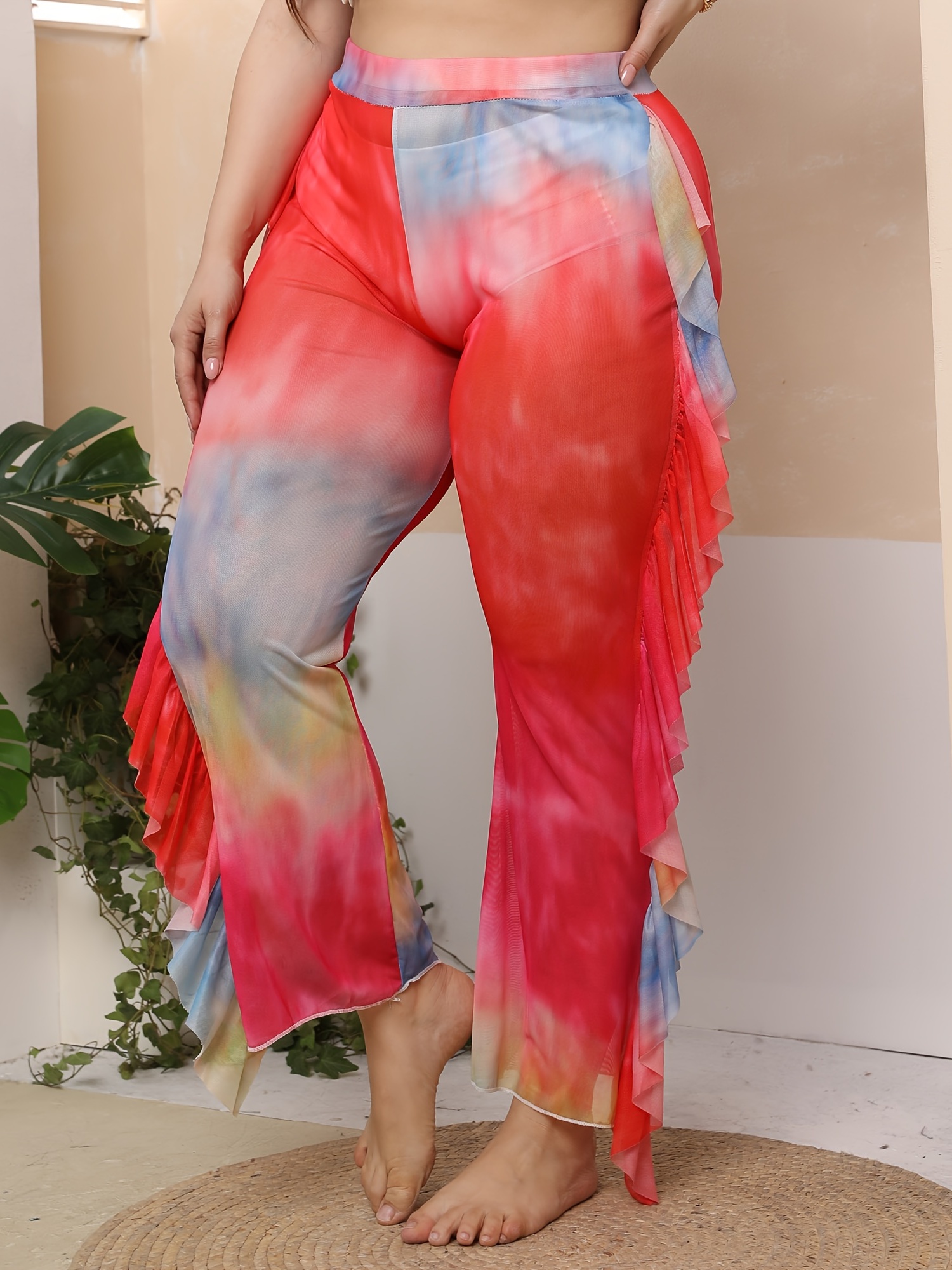 WMNS Tie-Dye Printed Bell Bottom Pants - Fitted Waist / Red