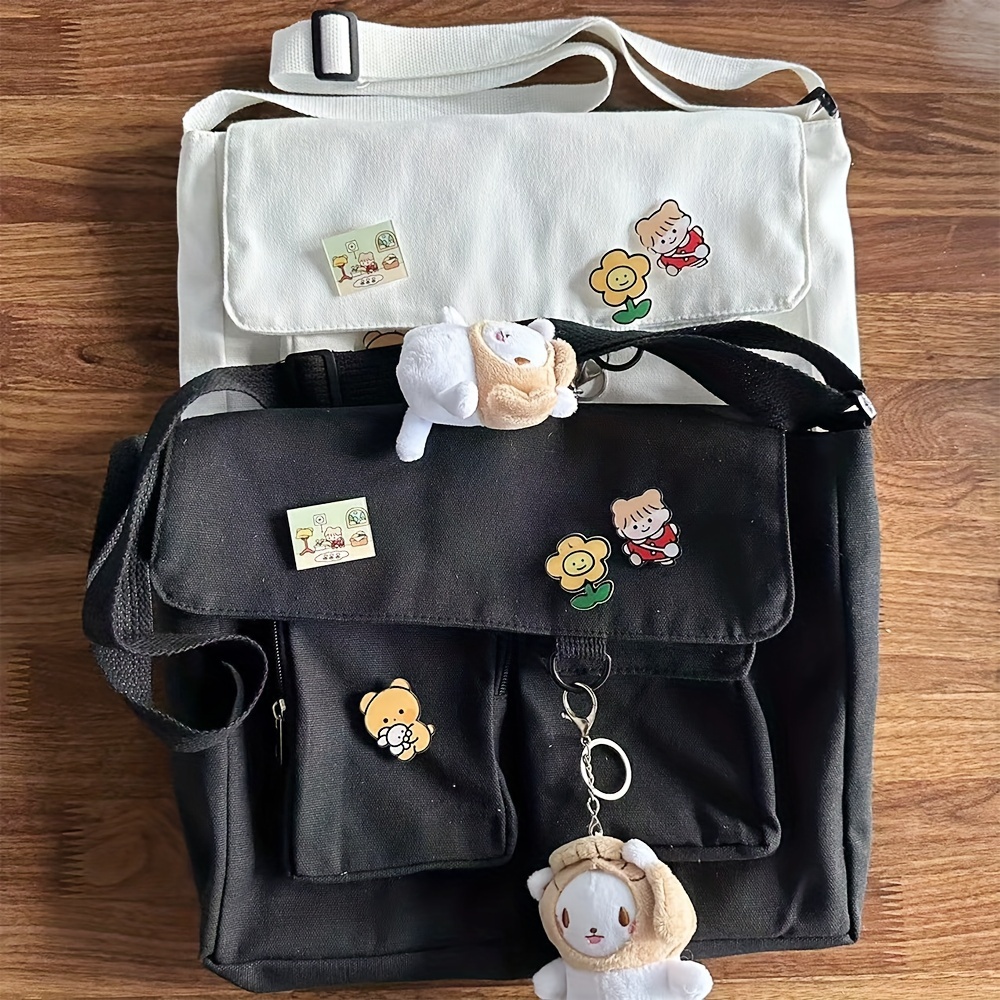 Kawaii Canvas Messenger Bag, Letter Patch Decor Crossbody Bag, Casual  Student Flap Shoulder Bag - Temu