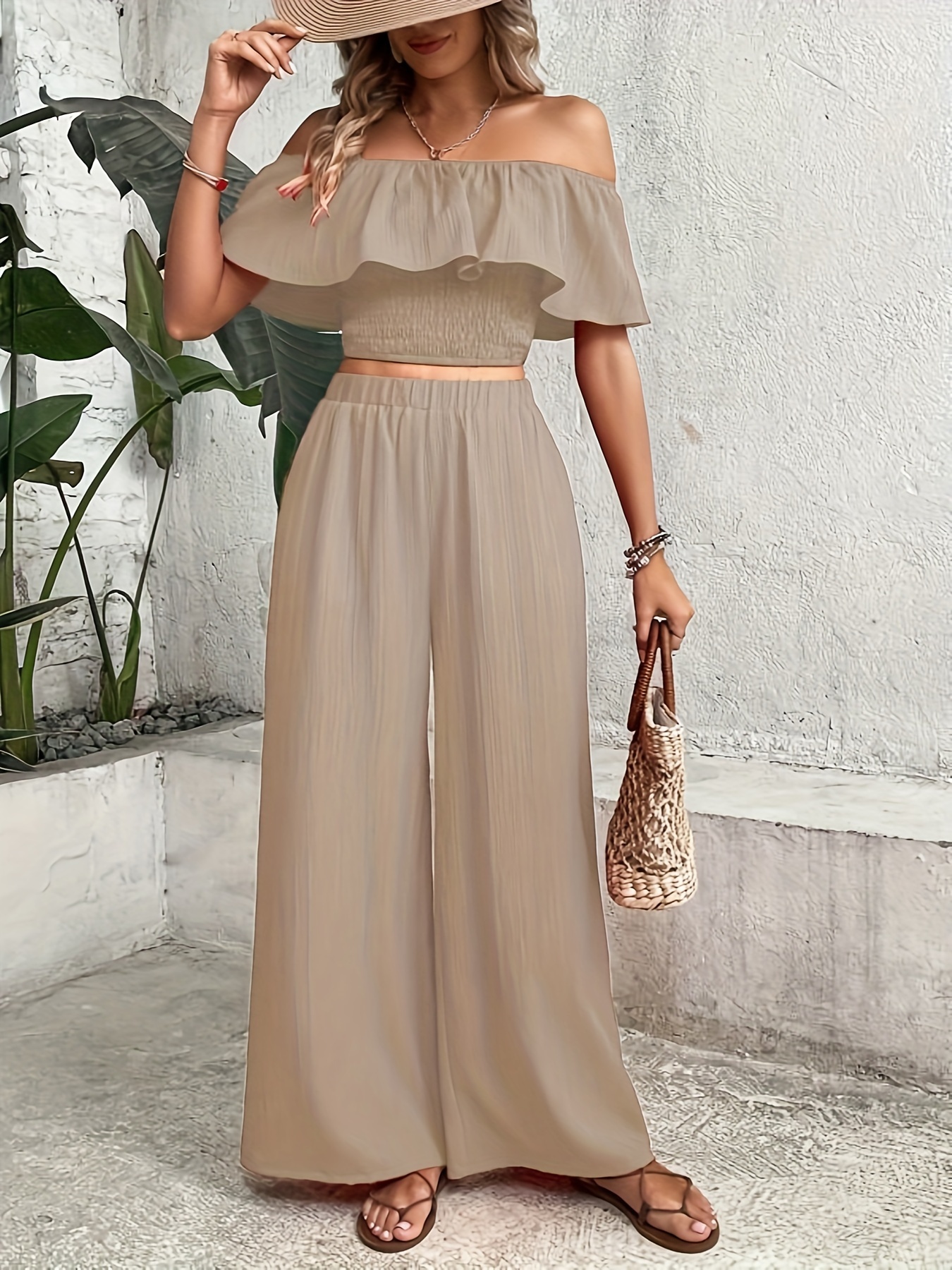 Casual Solid Two piece Set Puff Sleeve Crop Top Flare Pants - Temu