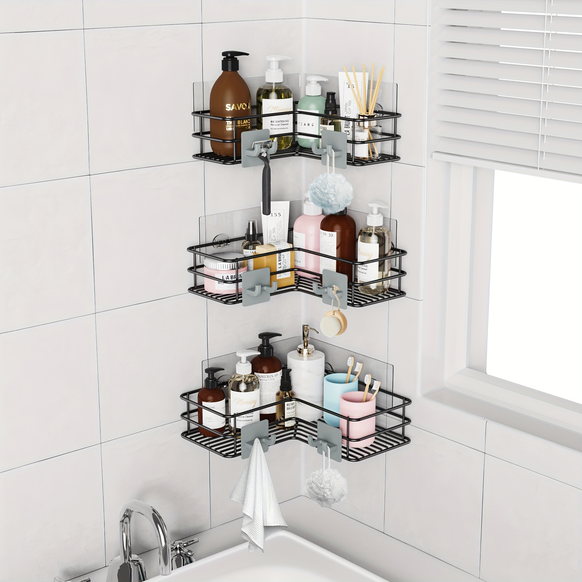 Inova 2pcs Corner Shower Caddy Shelves Wall Mounted Basket Rack Bathroom Shampoo Holder Storage Organizer with 8pcs Adhesive Hooks for Toilet Dorm