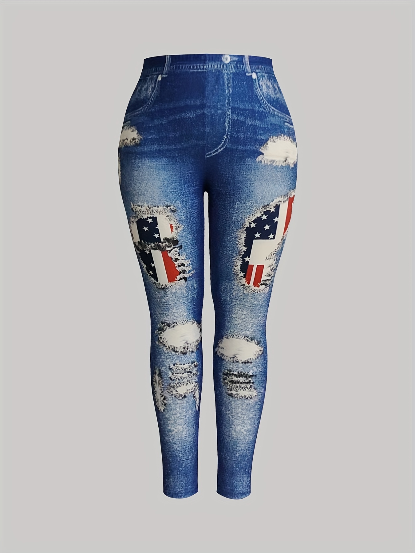 Plus Size Casual Leggings Women's Plus Denim Print High - Temu