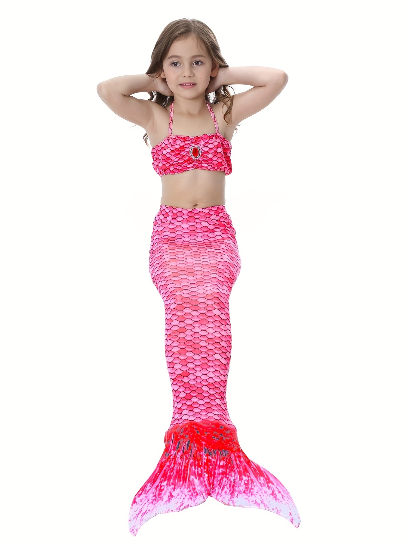 Traje De Baño De Cola De Sirena Para Niña De 2 Piezas, Top De Tirantes Con  Volantes Y Tai De Sirena, Traje De Baño Con Estampado De Escamas De Pez Teñ