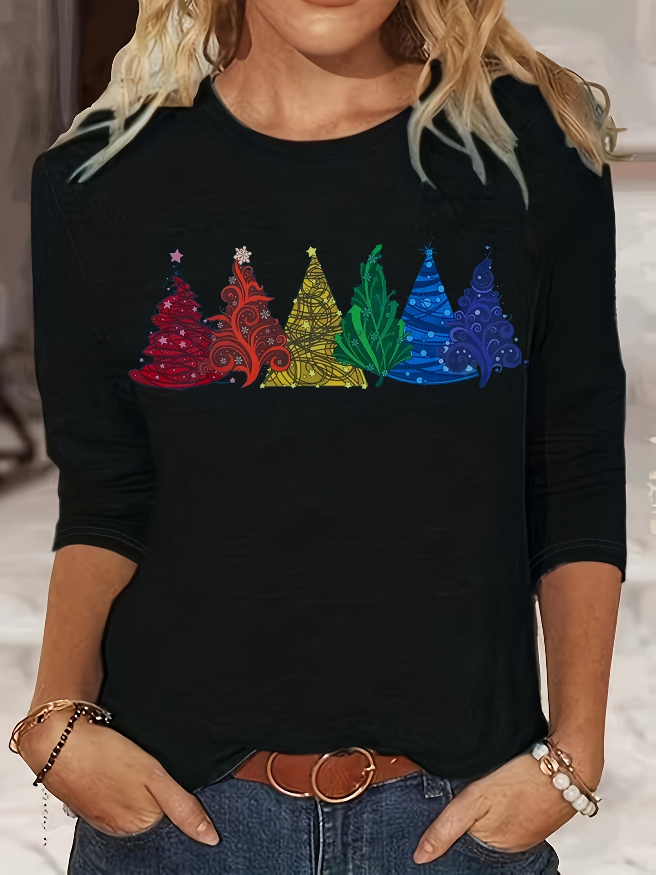 christmas tree print crew neck t shirt casual long sleeve t shirt for spring fall womens clothing black 0