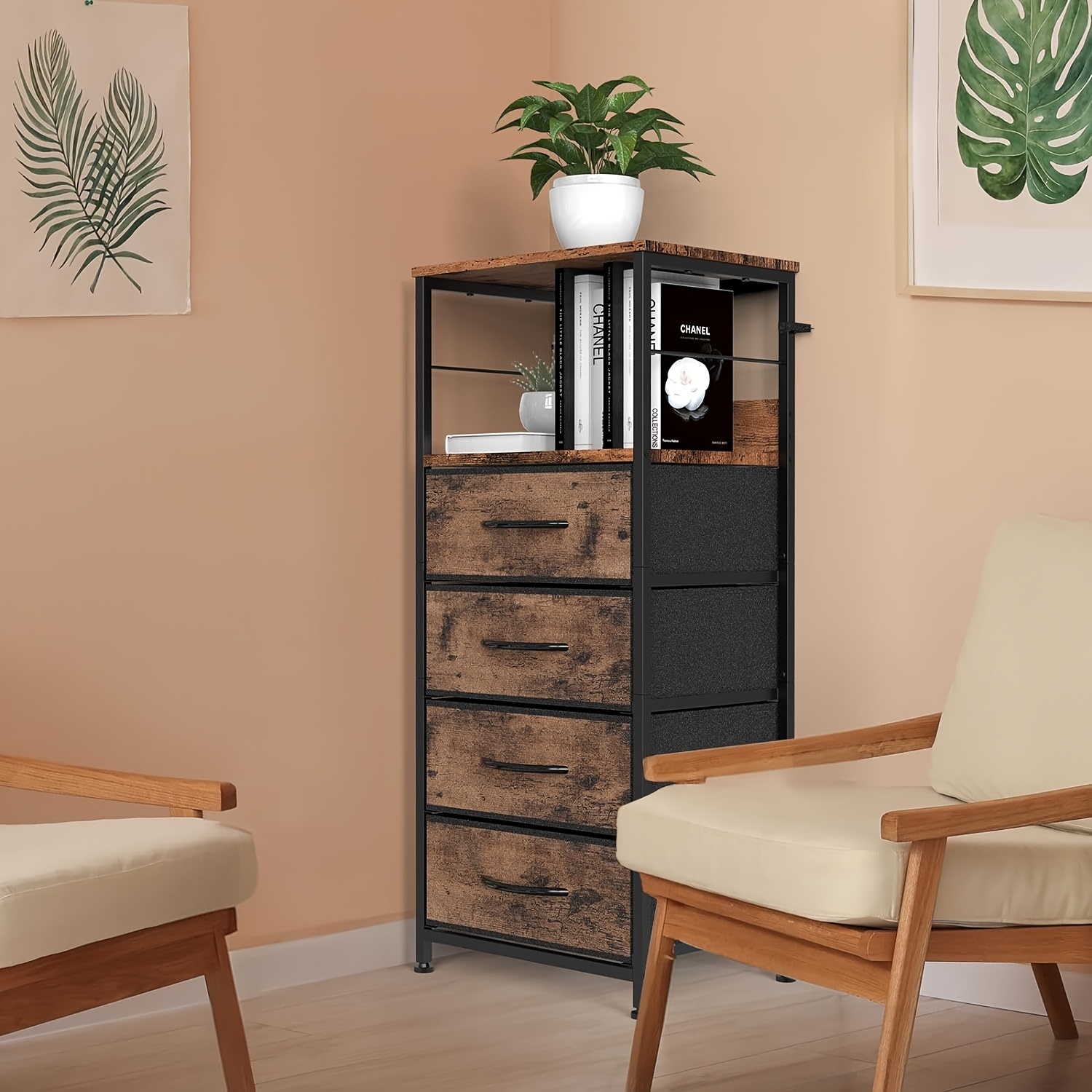 1pc Living Room Organizer, Bedroom Nightstand With 4 Drawers, 2 Shelf