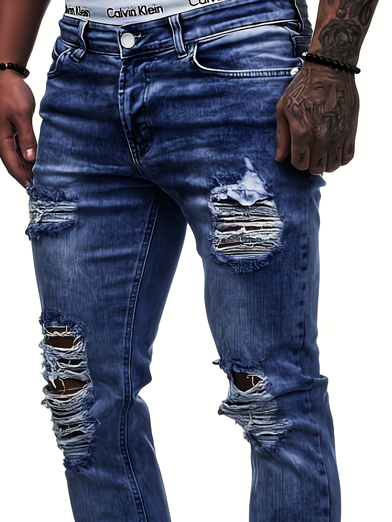 Slim Fit Distressed Jeans Street Style Casual Ripped Temu - Men\'s