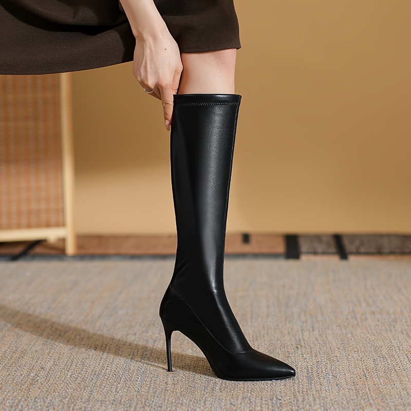 womens solid color stiletto heeled boots fashion point toe plush lined boots stylish faux leather dress boots details 4