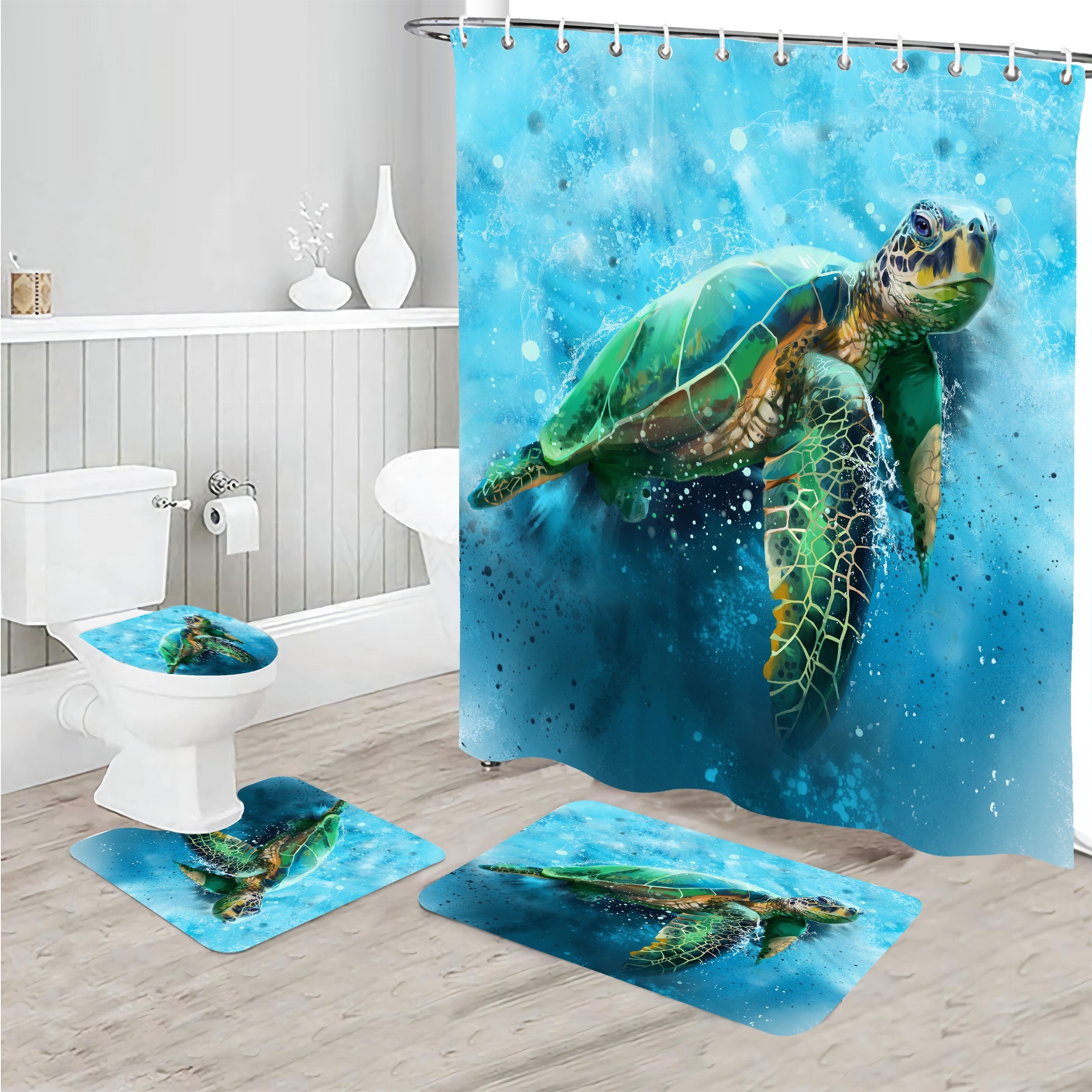 1pc Boho Sea Turtle Shower Curtain With 12 Hooks, Non-slip Bathroom Rug,  Toilet U-shape Mat, And Toilet Lid Cover Pad - Stylish And Functional  Bathroom Decor, High-quality & Affordable