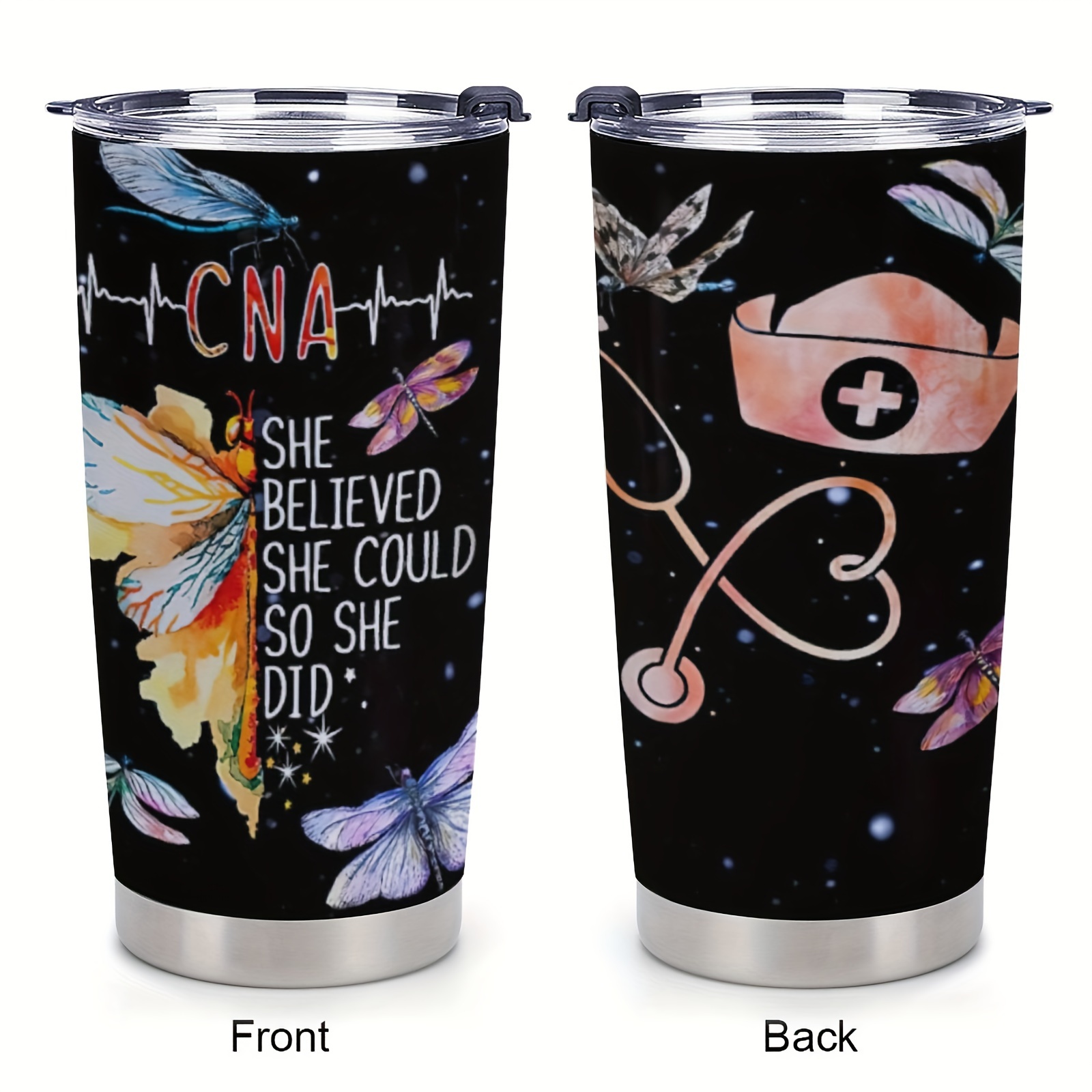 

1pc 20oz Dragonfly Nurse Cna She Believe She Could So She Did, Inspiration Gift Cup, Double Wall Vacuum Cup Insulated Travel Coffee Mug With Lid