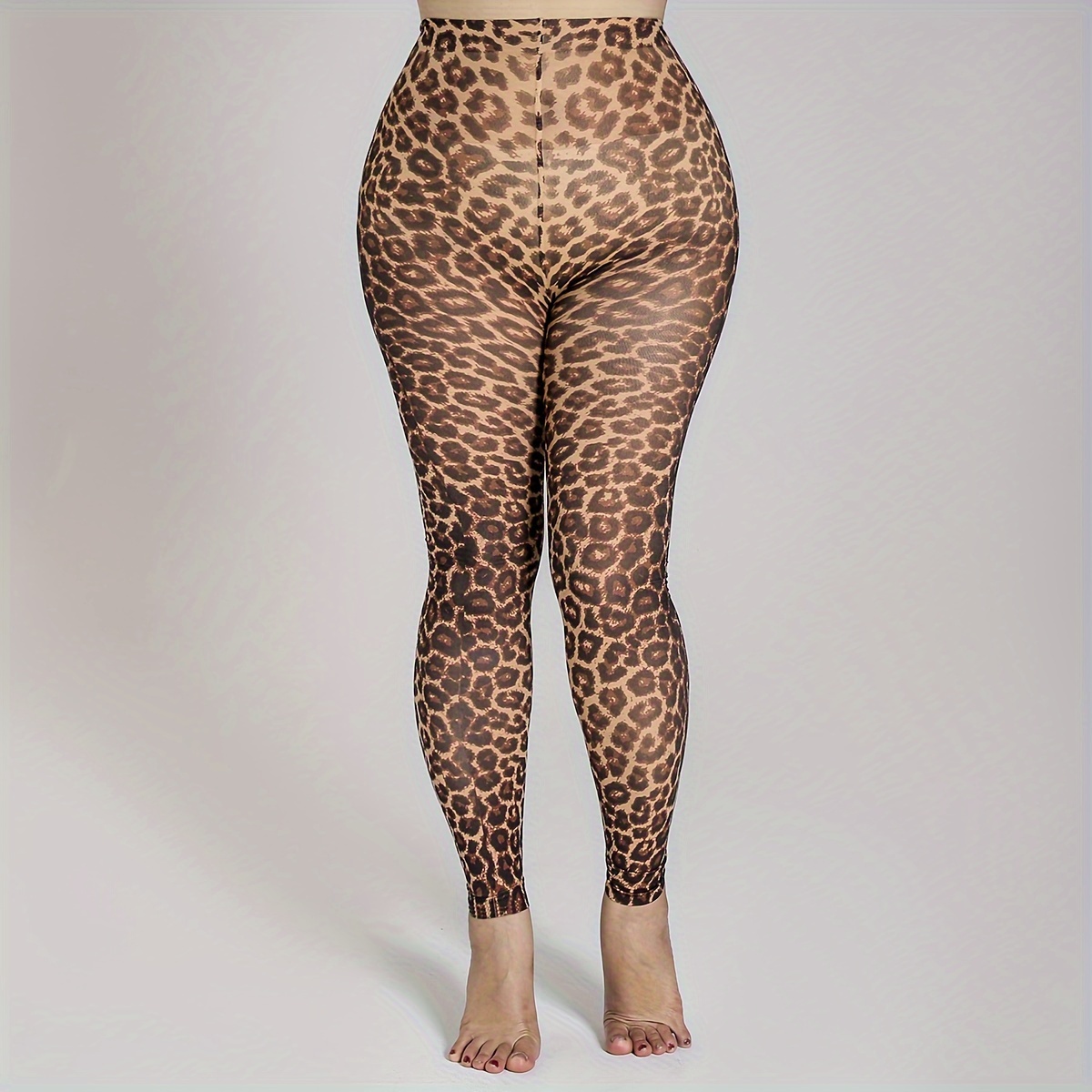 

1pc Women's Plus Size Leopard Print Tights, Fashionable Opaque 9/4 Length Leggings, 85% Nylon 15% Spandex Stretchy Knit Pantyhose, Machine Washable