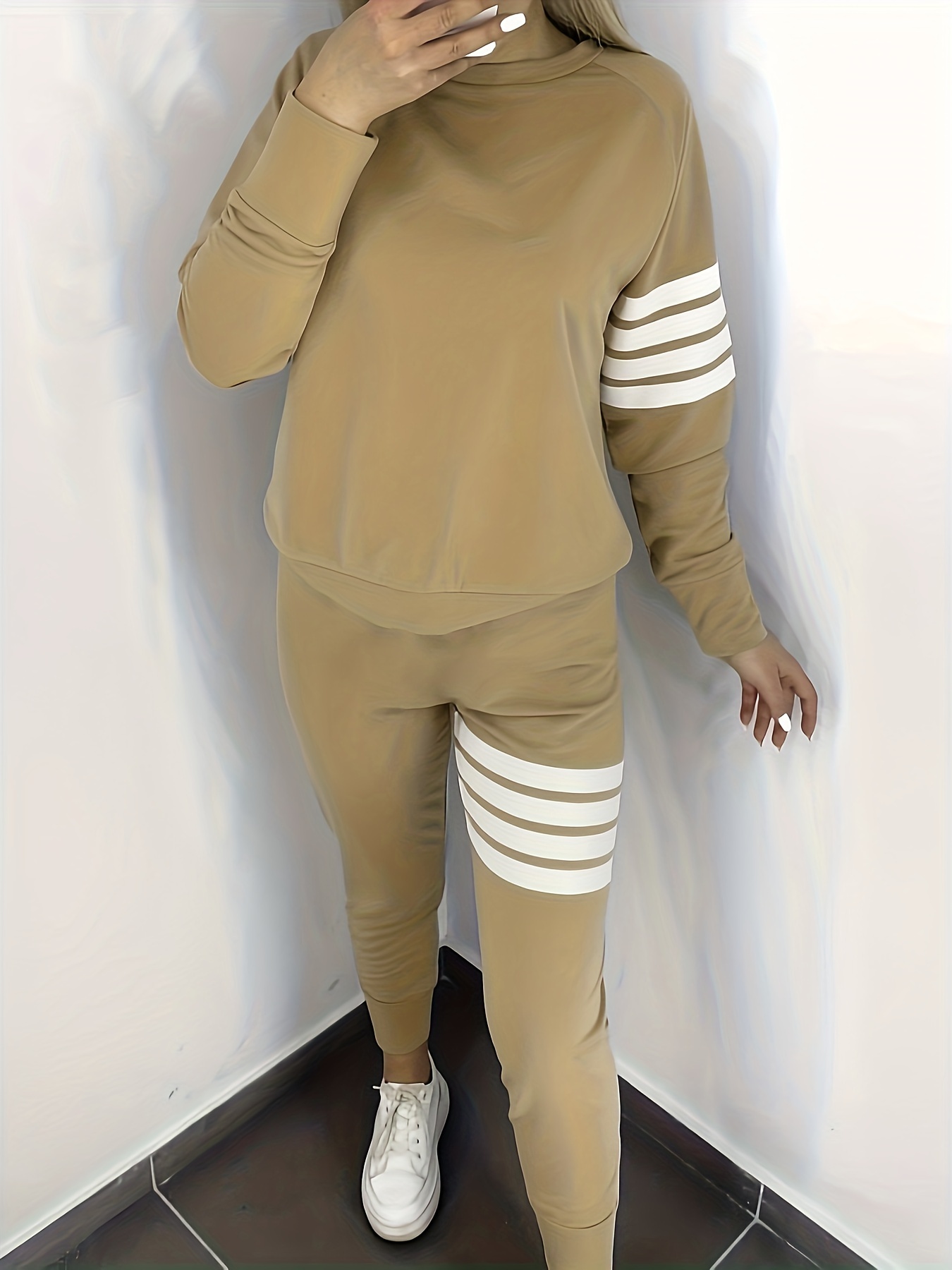 Striped Graphic Tracksuit Outfits Casual Turtleneck Pullover - Temu