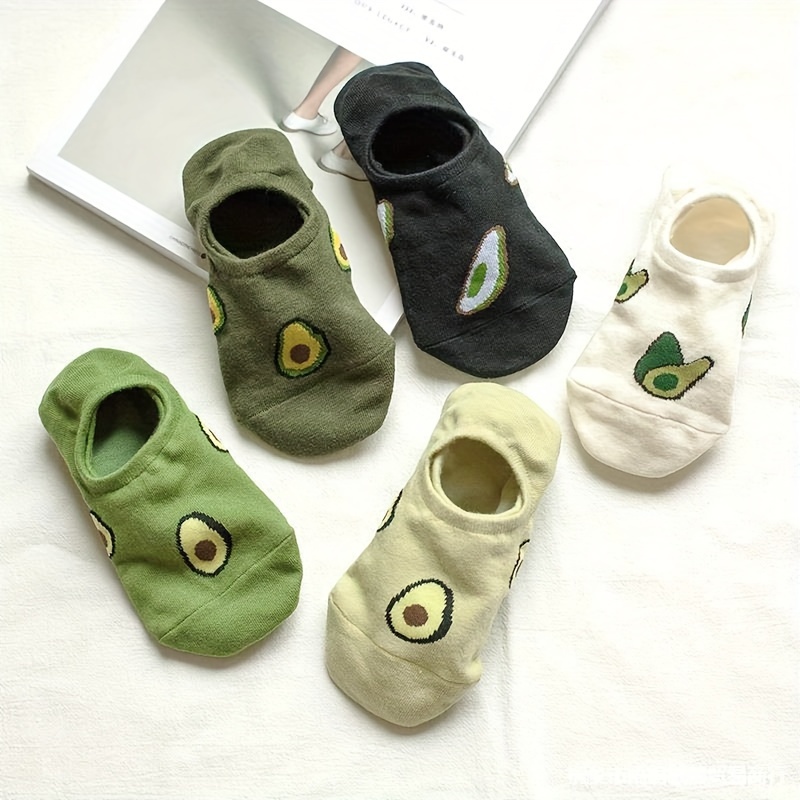 

5 Pairs Cute Avocado Print Socks, Breathable & Comfy Seamless Invisible Socks, Women's Stockings & Hosiery