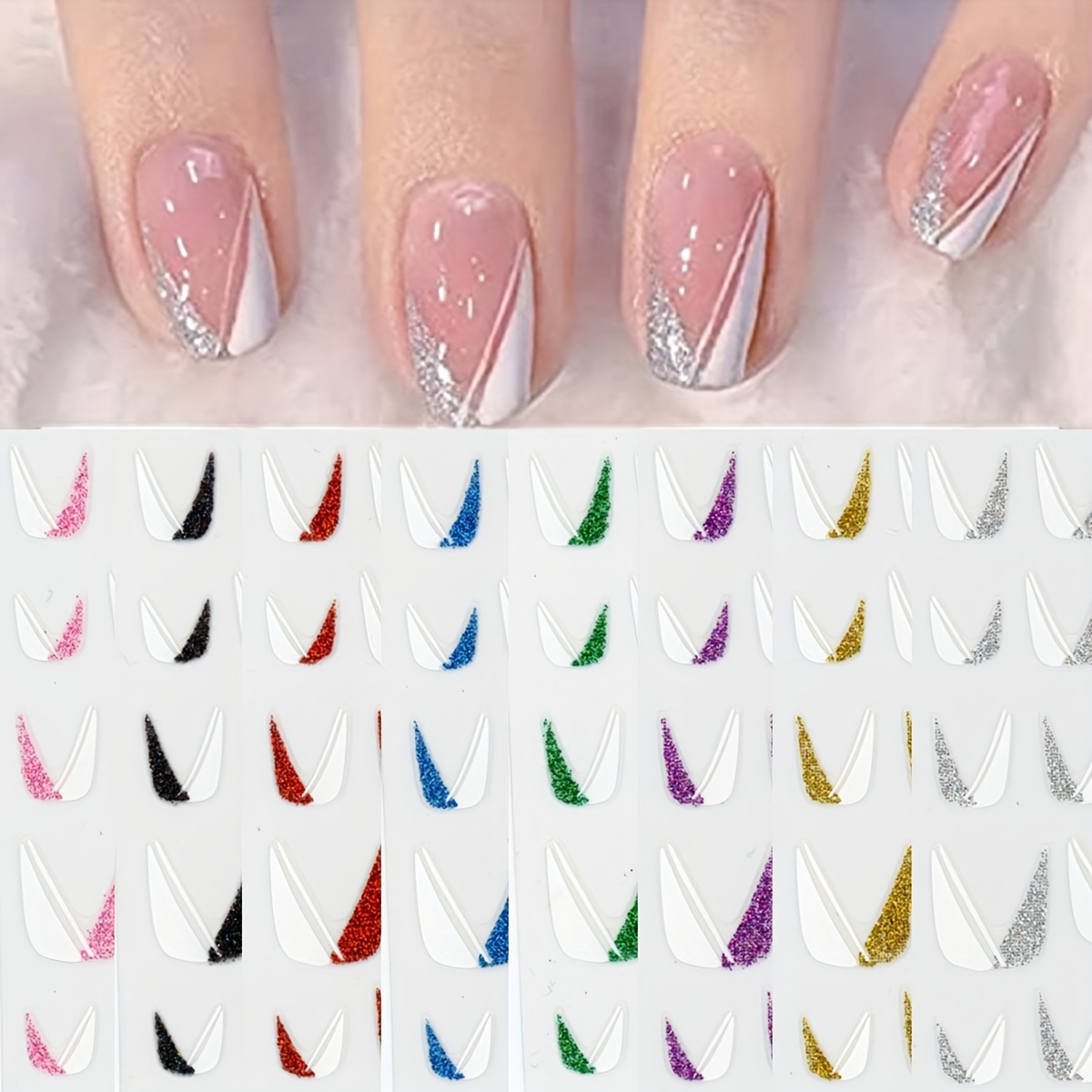  French Nail Art Stickers 3D Self-Adhesive French Manicure Nail  Stencils Wavy Line V Shape Nail Decals Designs French Tip Nail Stickers for  Women Girls DIY Nail Decoration Stencil Tools 6 Sheets 