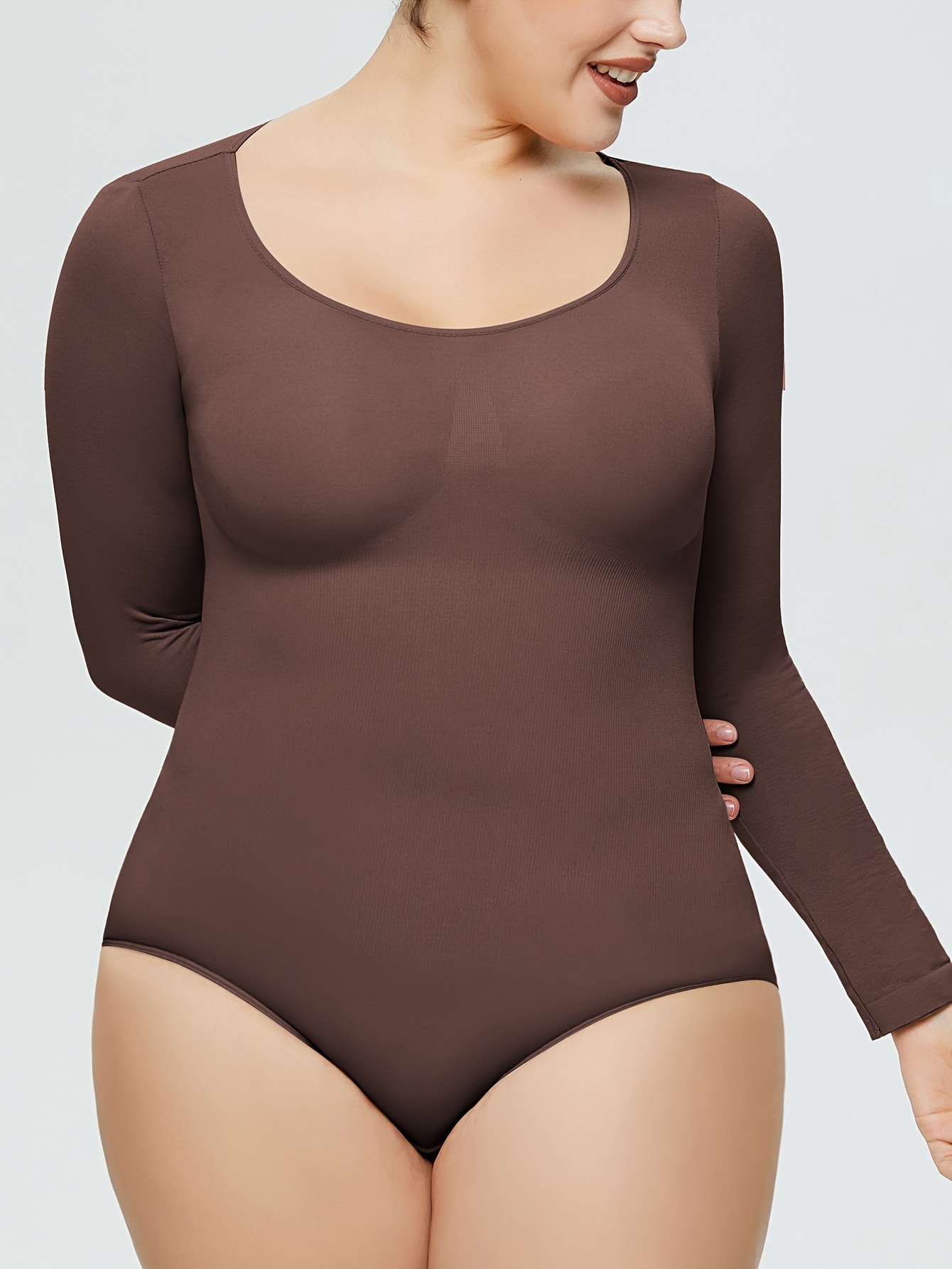 Women's Simple Shapewear Bodysuit, Plus Size Solid Seamless Long Sleeve  Tummy Control Slimming Body Shaper, Shop On Temu And Start Saving