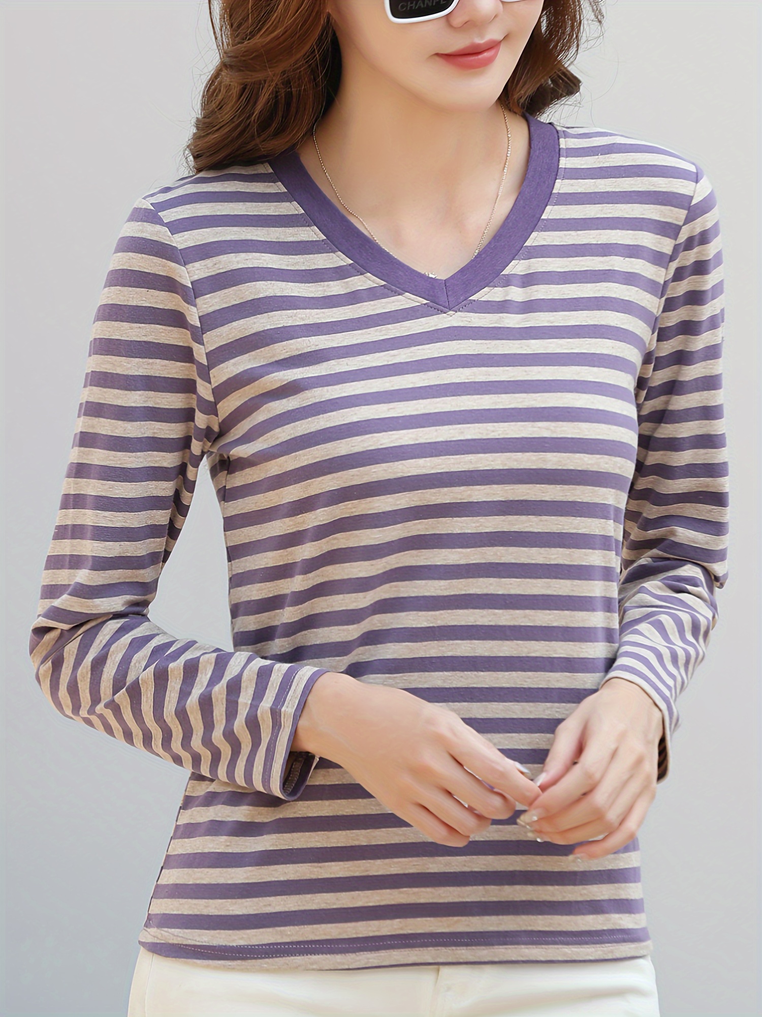 striped long sleeve t shirt v neck casual top for spring fall womens clothing purple 1