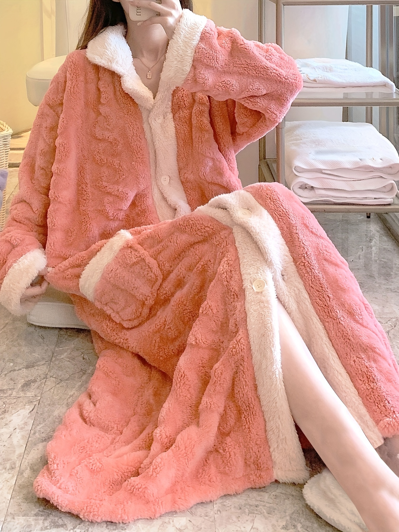 Long Sleeve Cardigan Robe Thickened Fuzzy Button Lounge Robe - Temu