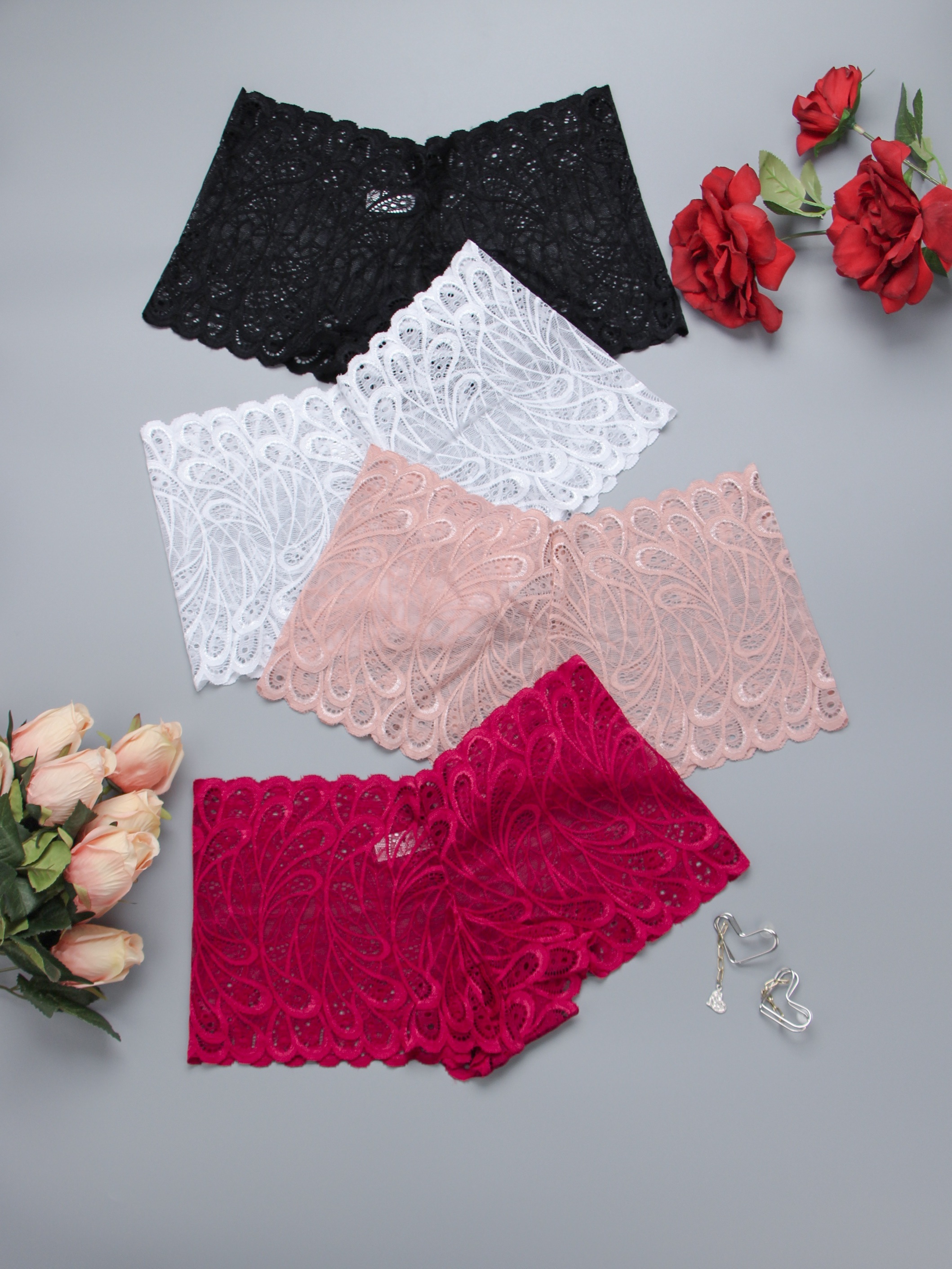 4pcs Floral Lace Boyshort Panties Women's Lingerie Underwear