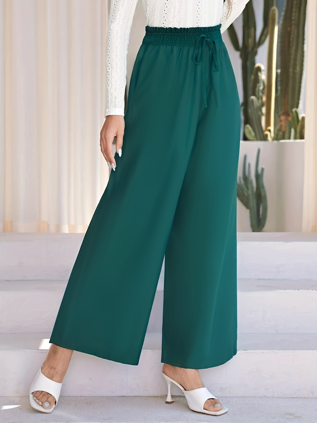 Solid Wide Leg Pants, Casual Paper Bag Waist Pants For Spring & Fall,  Women's Clothing