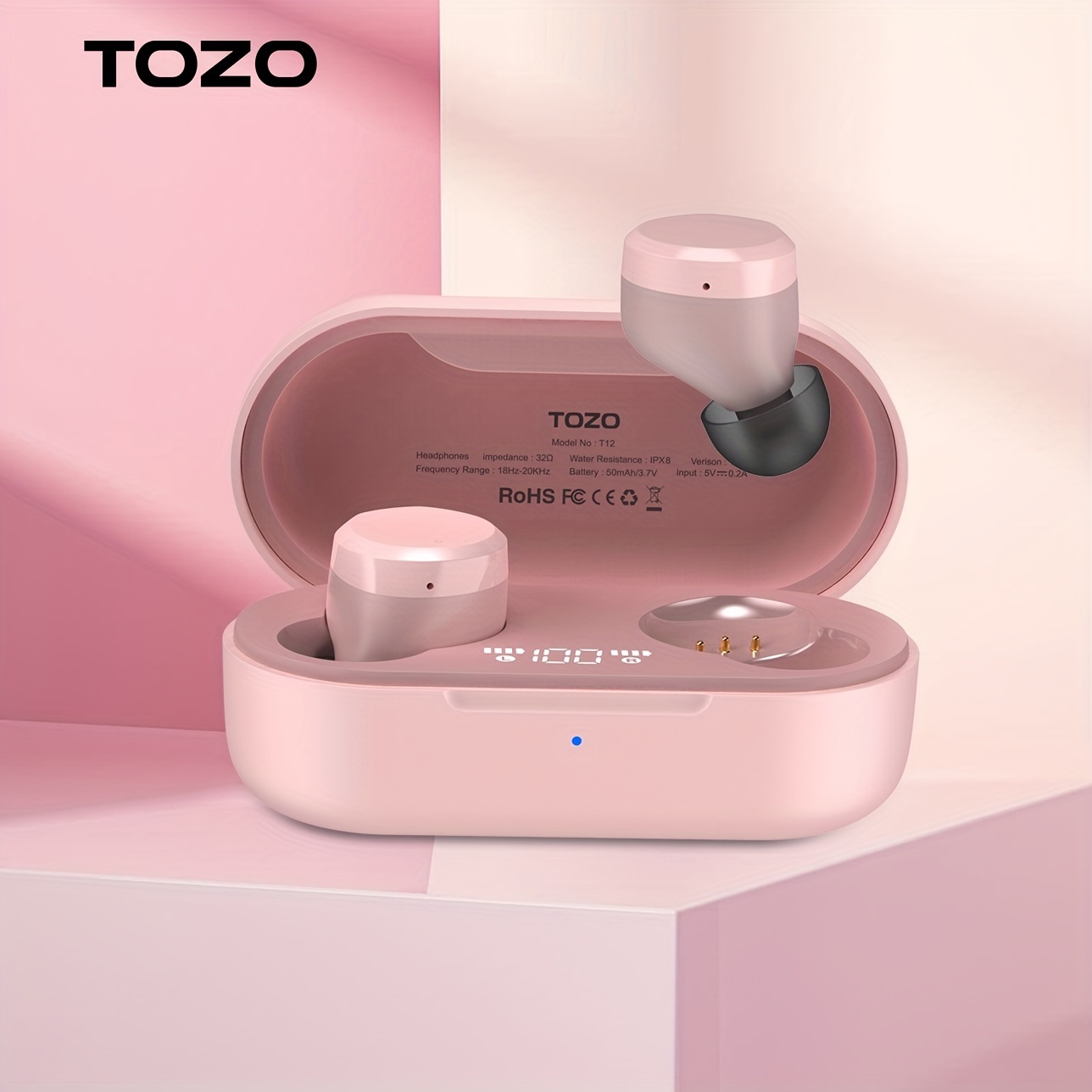 TOZO T12 Wireless Earbuds Bluetooth Headphones Premium Fidelity  Sound Quality Wireless Charging Case Digital LED Intelligence Display IPX8  Waterproof Earphones Built-in Mic Headset for Sport Blue : Electronics