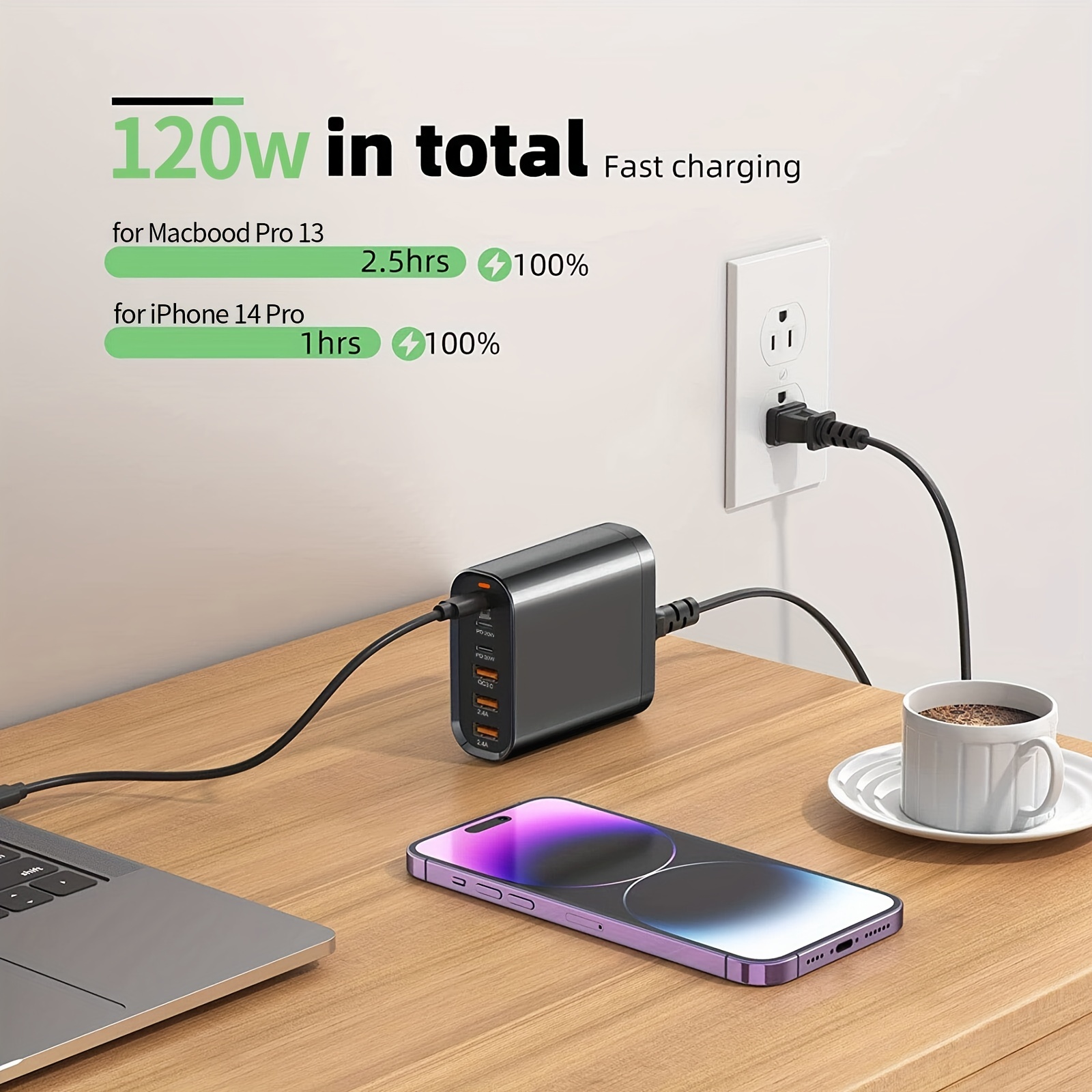 120W Gan USB cargador de pared portátil USB cargador de teléfono móvil  inteligente para el teléfono y el ordenador portátil.