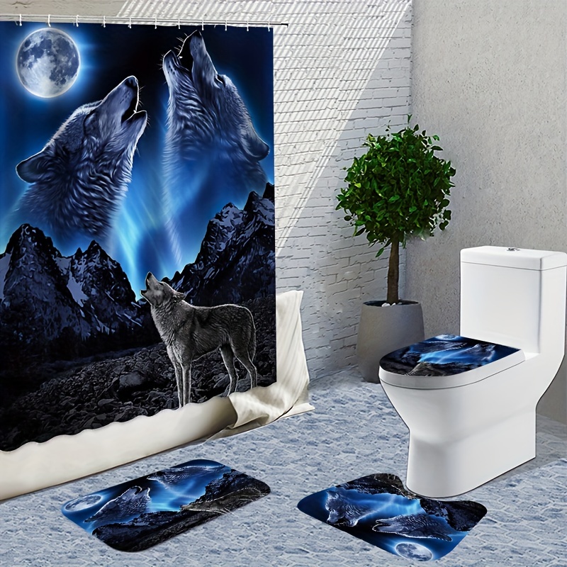 1/4pcs Wolf Pattern Shower Curtain Set, Waterproof Shower Curtain With 12  Hooks, Non-Slip Bath Rug, Toilet U-Shape Mat, Toilet Lid Cover Pad, Bathroom