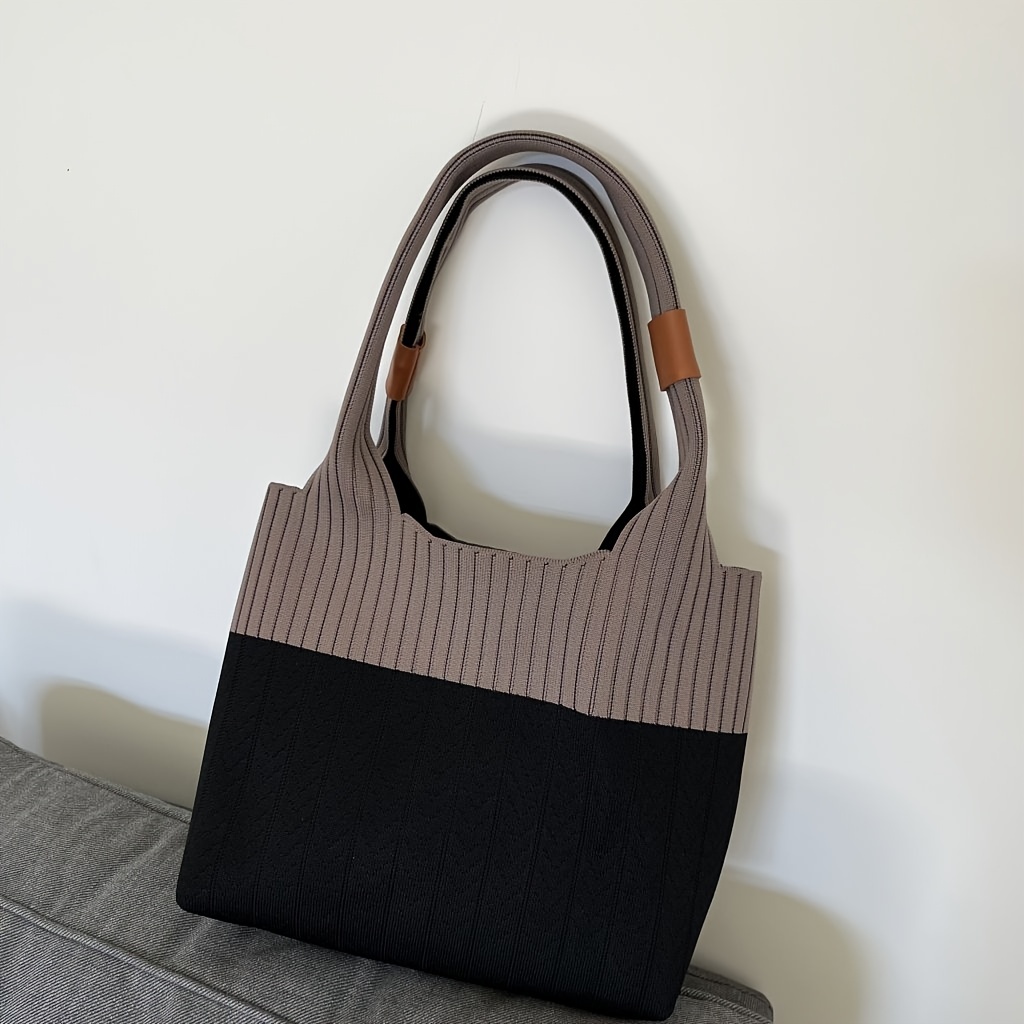 fashion knitted tote bag colorblock crochet shoulder bag Temu - Main Image