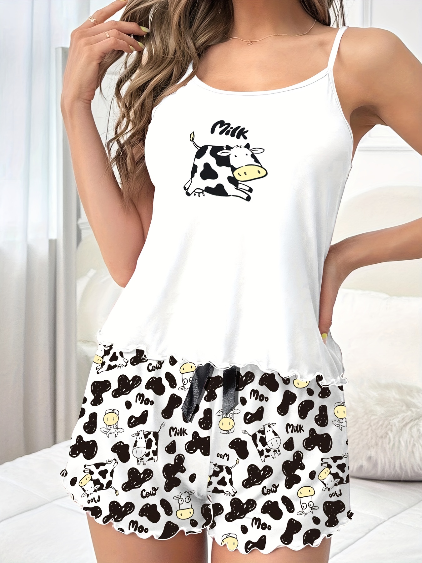 Cartoon Cow Print Pajamas Set Lettuce Trim Cami Crop Top - Temu