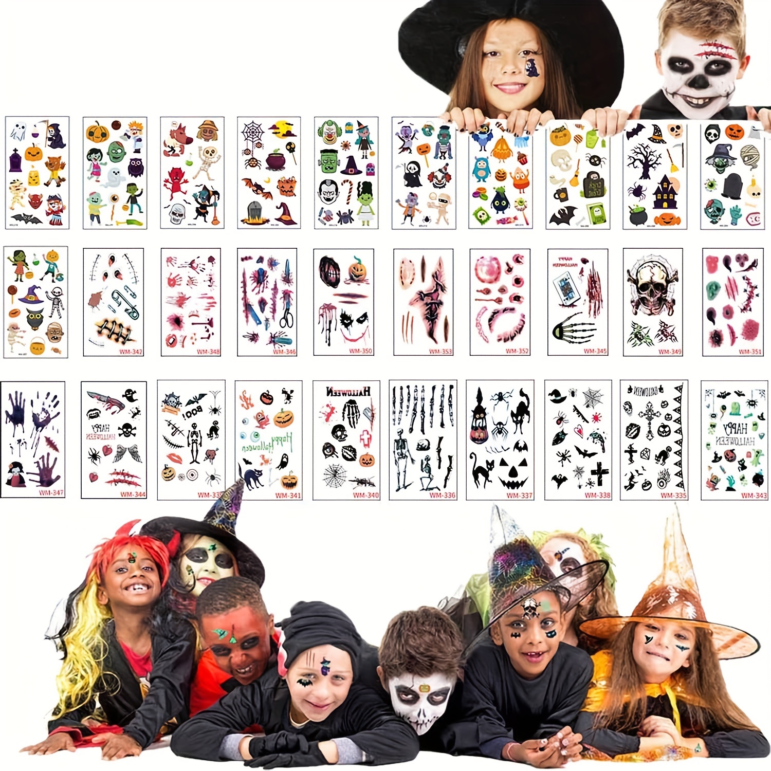 Tatuajes temporales de Halloween para niños, calabaza, fantasma, bruja,  regalos de fiesta de Halloween para niños o niñas, 126 piezas de golosinas