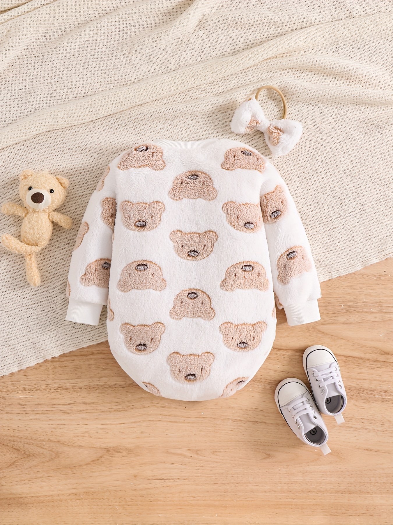 Conjunto de mameluco triangular lindo de doble cara de franela gruesa y peluda con patr n de oso para beb ni as con diadema