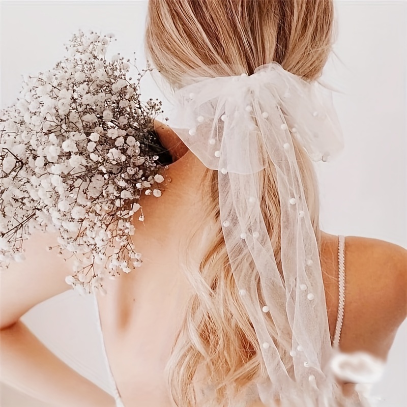 White Hair Bow Bachelorette Veil Pearl Bride Hair Clip Bachelorette  Decorations Bridesmaid Favors Bride to Be Bridal Shower Gift